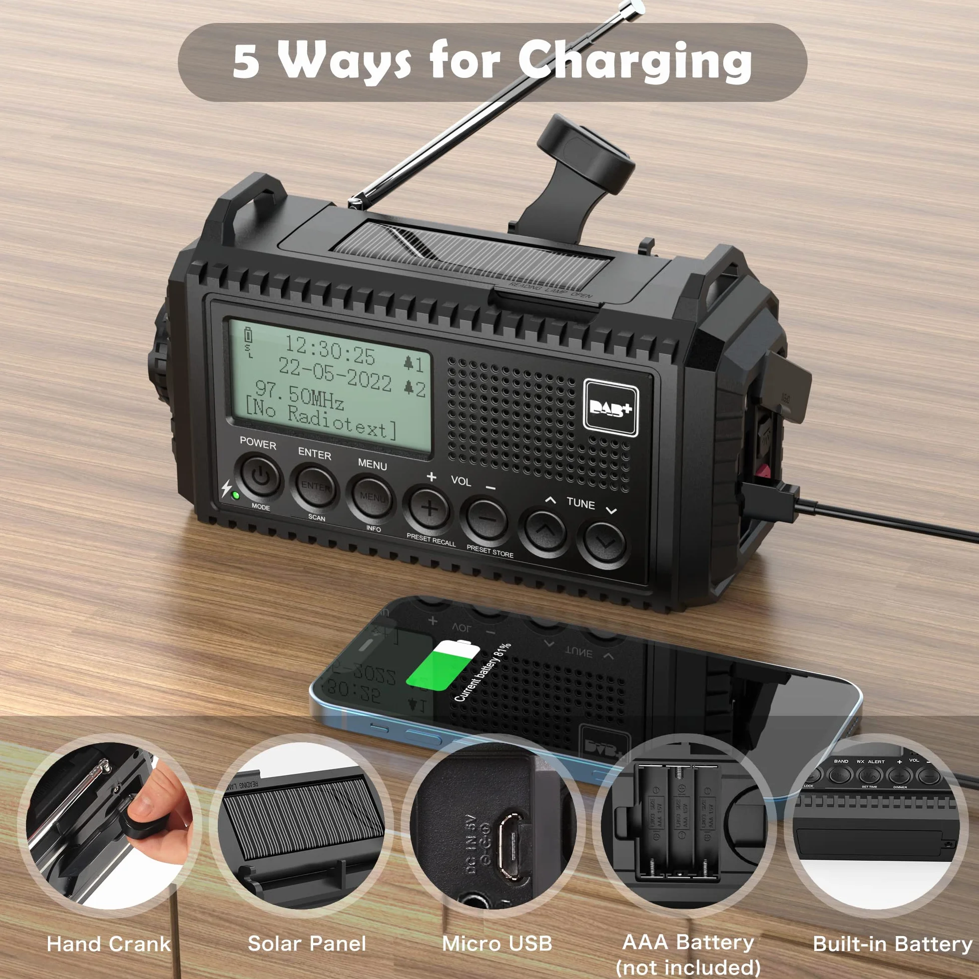 Dab Wind Up Radio, 5000 mAh, zasilane energią słoneczną, radio awaryjne z alarmem SOS, radio korbowe z ładowarką USB, przenośne radio Dab z latarką, gniazdem słuchawkowym i budzikiem, na kemping