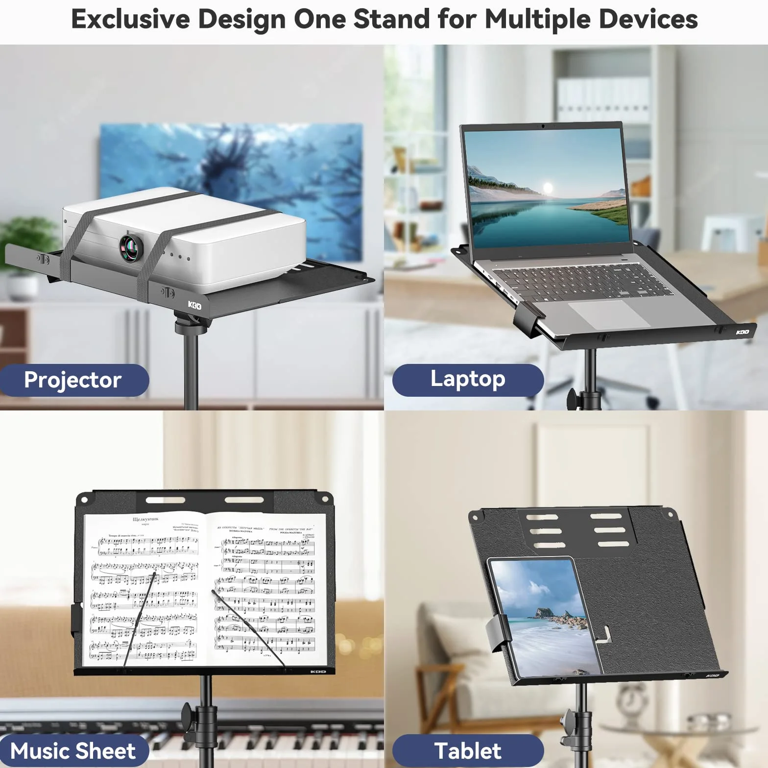 Statyw do Projektora KDD - Statyw Muzyczny 4 w 1 ze Sprężynowym Ramieniem Składany Stojak Podłogowy na Laptopa, Uchwyt na Tablet z Przesuwaną Dźwignią, Regulowana Wysokość od 23" do 63" i Obrót o 180°