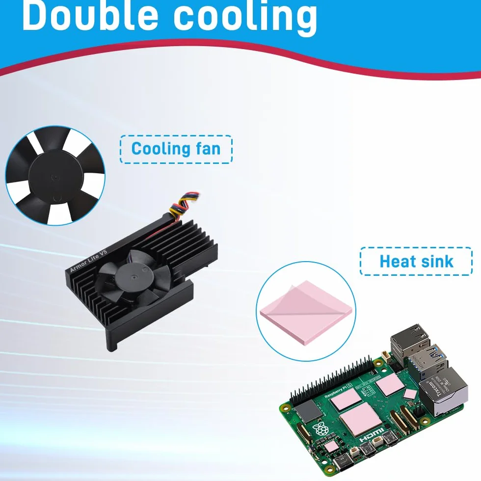 GeeekPi Armor Lite V5 aluminiowy radiator z wentylatorem PWM, kompatybilny z Raspberry Pi 5, wentylator chłodzący 30 mm, podkładki termiczne do Raspberry Pi 5 4 GB/8 GB