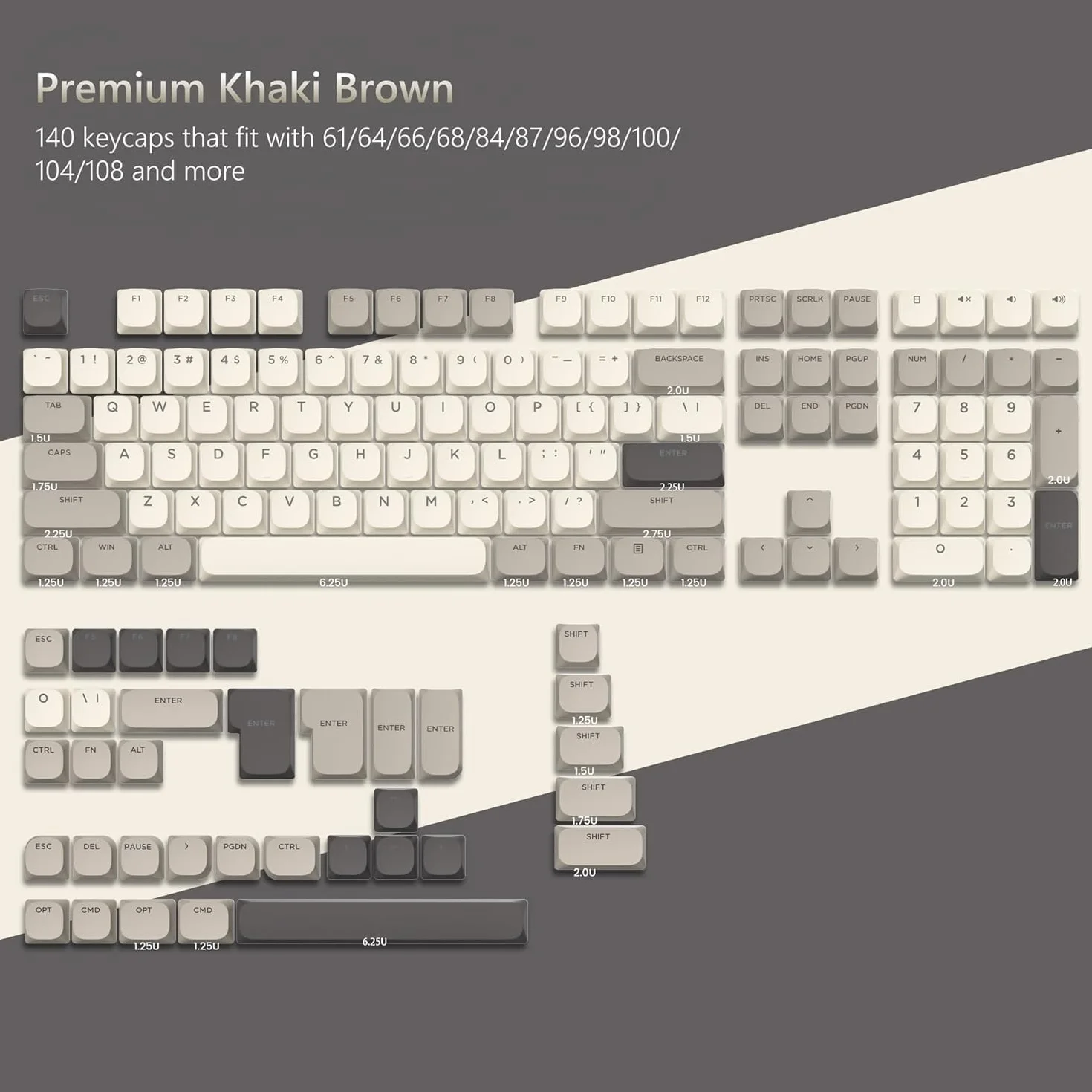 Low Profile Keycaps 143, PBT nakładki na klawisze Shine Through, klawisze do ANSI US 60% 65% 75% 80% 100% Cherry Gateron MX przełącznik klawiatura mechaniczna, khaki szary (nie obsługuje ISO)