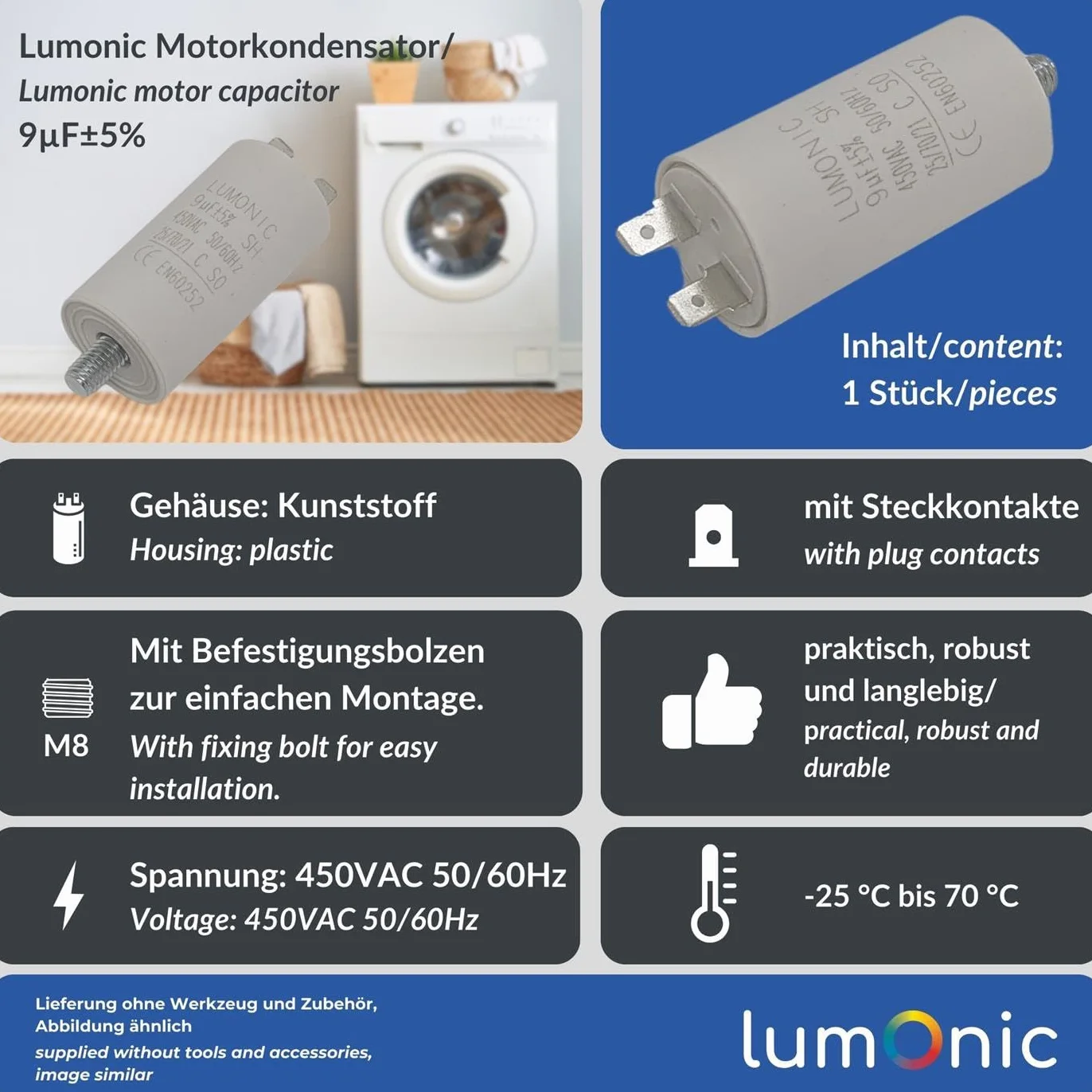 Lumonic Kondensator rozruchowy 9µF 450V | z WtyczkaX I 30x60mm I 9uF I Kondensator silnikowy z plastikowa obudowa I Kondensator operacyjny I do pomp, kosiarek, narzedzi