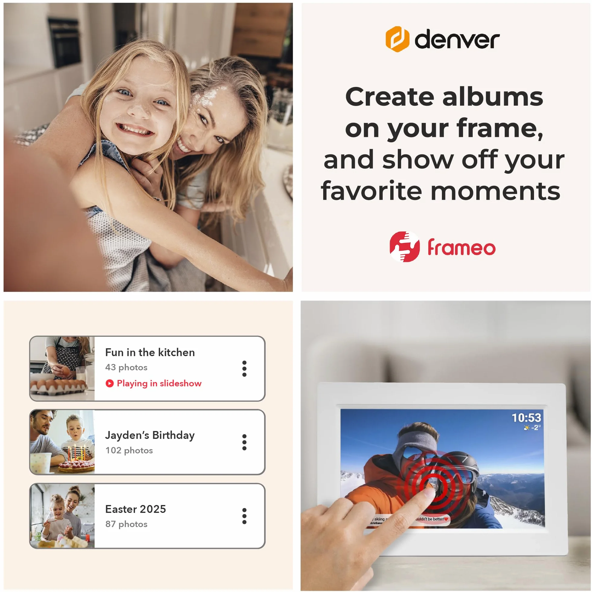 Denver Cyfrowa ramka na zdjęcia, biała, 10,1 cala z Wi-Fi – Frameo Digital Photo Frame Frame Frame z ekranem dotykowym i pamięcią 16 GB – elektryczna ramka na zdjęcia ze sterowaniem za pomocą