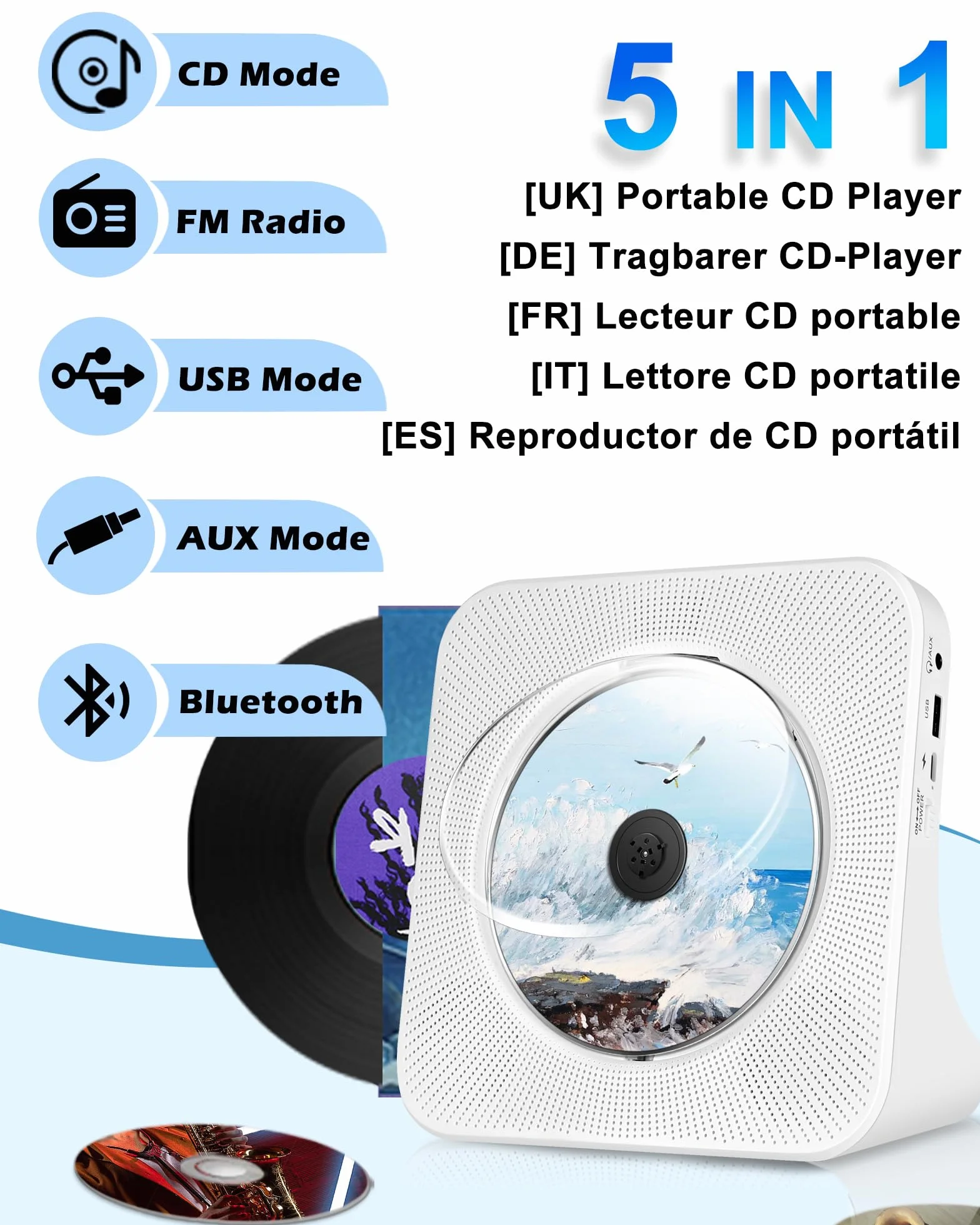 Ładowalny Przenośny Odtwarzacz CD，Wbudowany Odtwarzacz CD Bluetooth z Dwoma Głośnikami, Pilot Zdalny, USB，AUX，Domowe Odtwarzaczes CDs HiFi Stereo，Odtwarzaczs CDs Kompaktowy, Radio FM