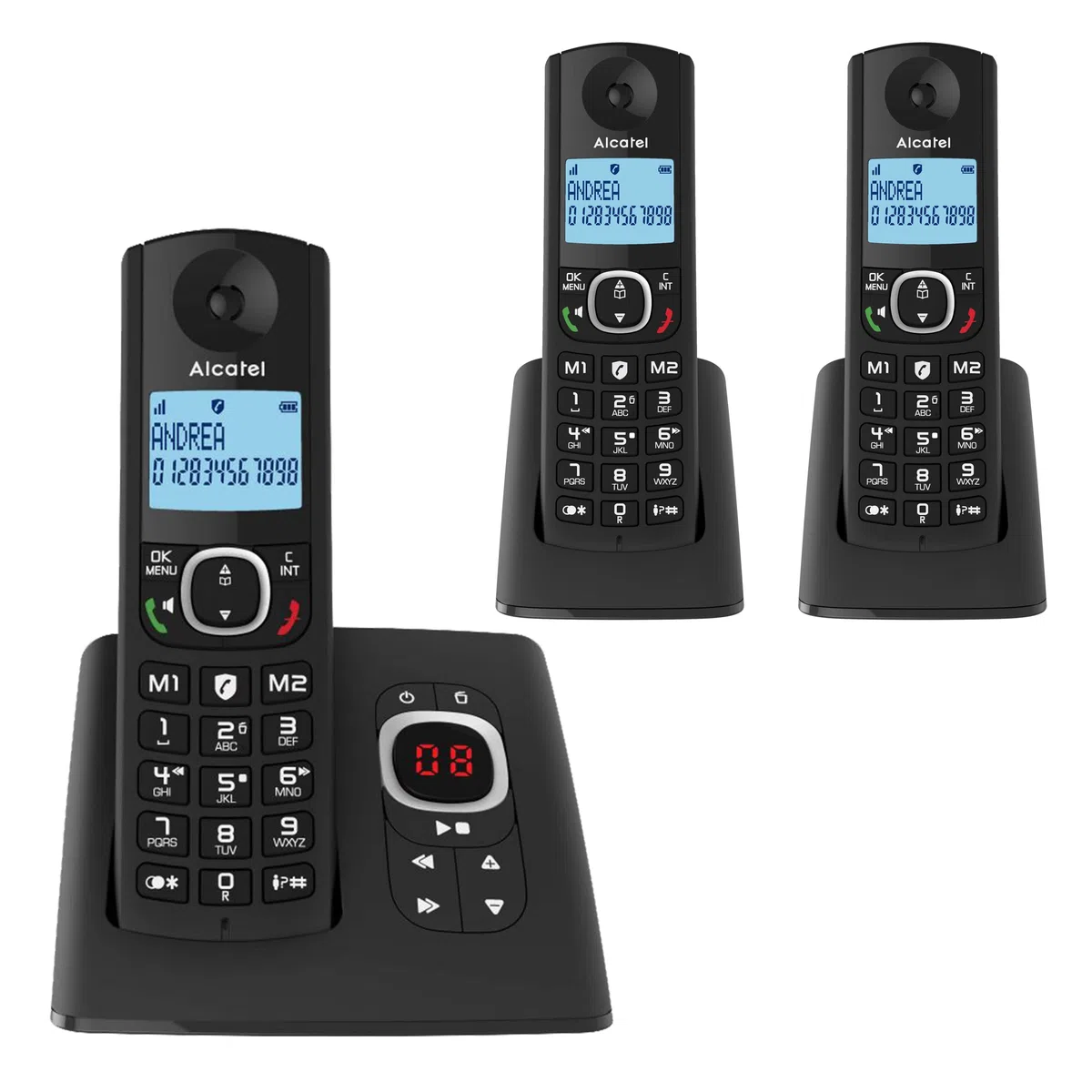 Alcatel F530 Voice Trio, telefon bezprzewodowy z automatyczną sekretarką i 3 słuchawkami, blokowanie połączeń i funkcją głośnomówiącą, czarny