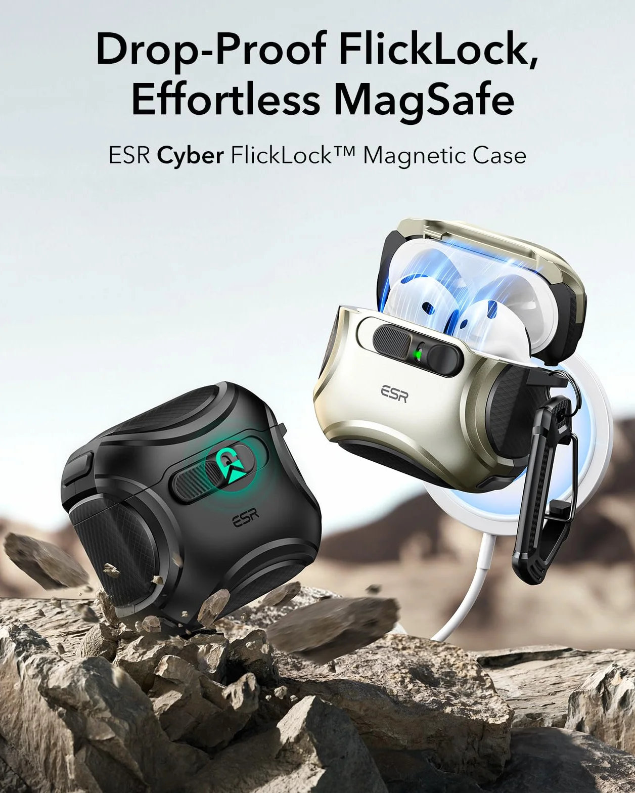 ESR Etui na AirPods 4, kompatybilne z etui AirPods 4. generacji (2024) (USB-C), kompatybilne z Magsafe, zamek chroniący przed upadkiem, łatwe otwieranie, seria Cyber, czarne