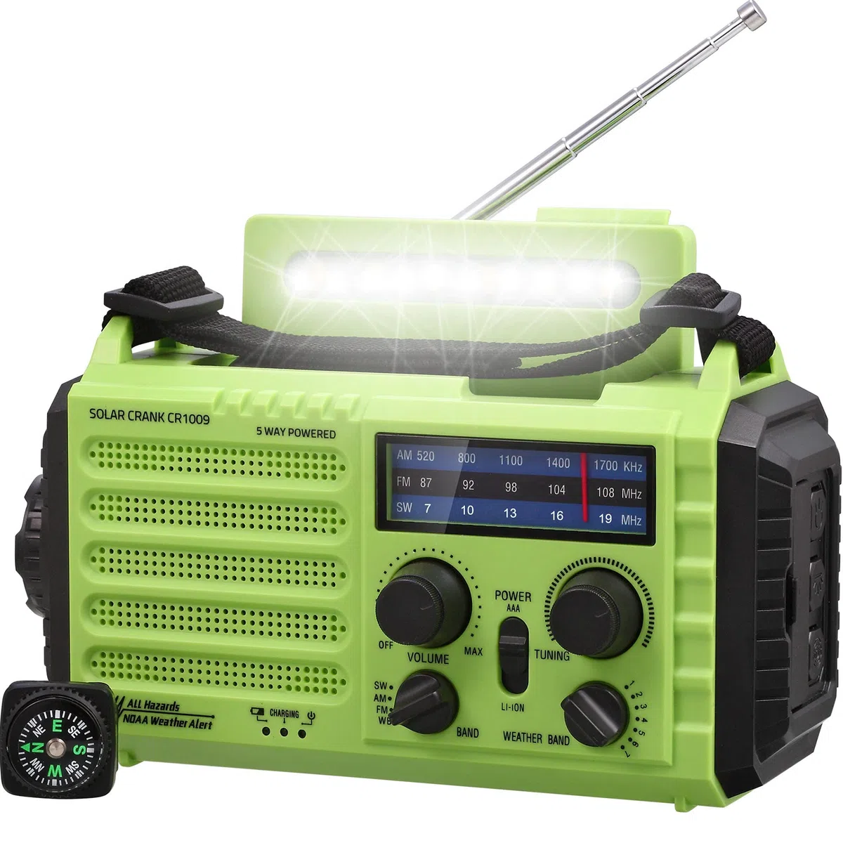AM/FM/SW radio budowlane AM/FM/SW, przenośne 5-drożne radio pogodowe z panelem solarnym, dynamo, korbą ręczną, Power Bank, światło kempingowe LED, alarm SOS, kompas, złącze USB do ładowania telefonu komórkowego w sytuacjach awaryjnych