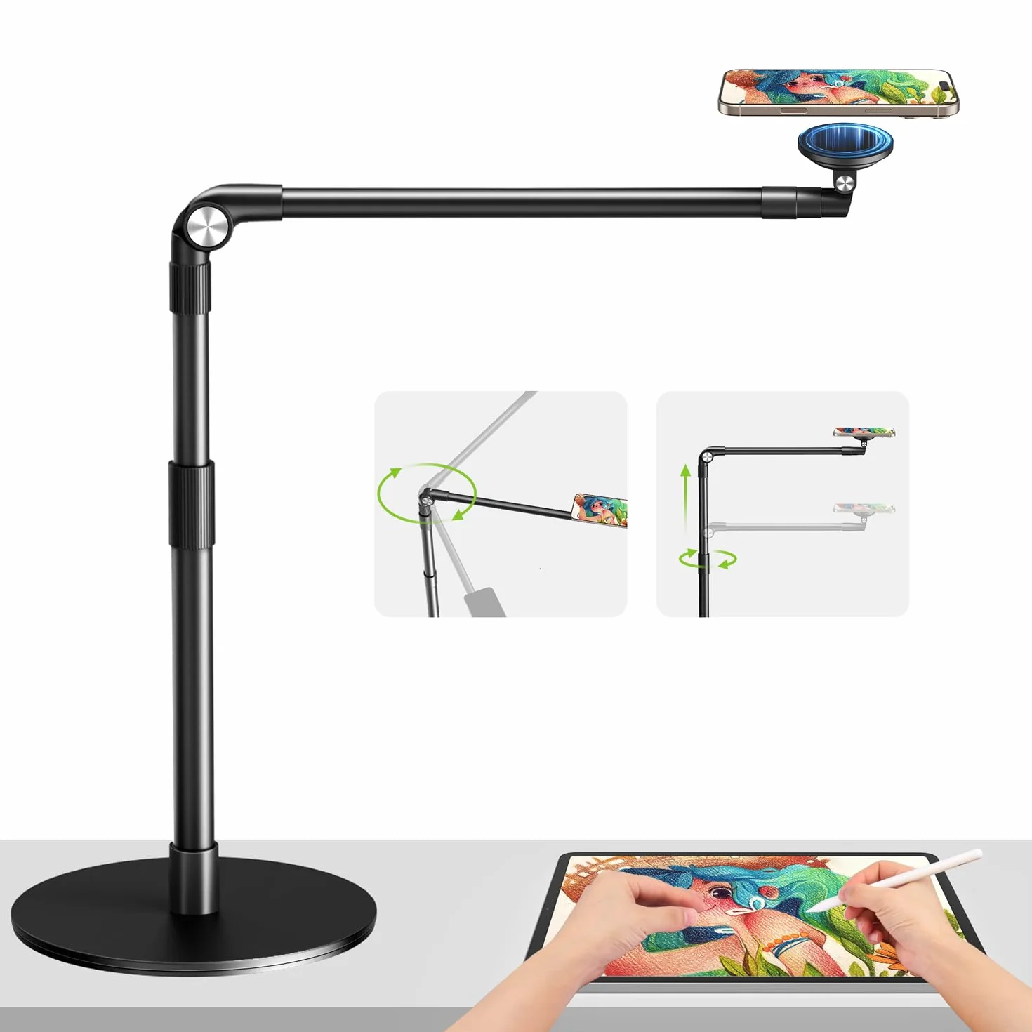 elitehood Magnetyczny stojak na telefon do nagrywania nad głową, 38.1 cm, długie ramię, uchwyt Magsafe do nagrywania wideo, obracany 360 uchwyt na telefon do filmowania, spotkań, gotowania, malowania