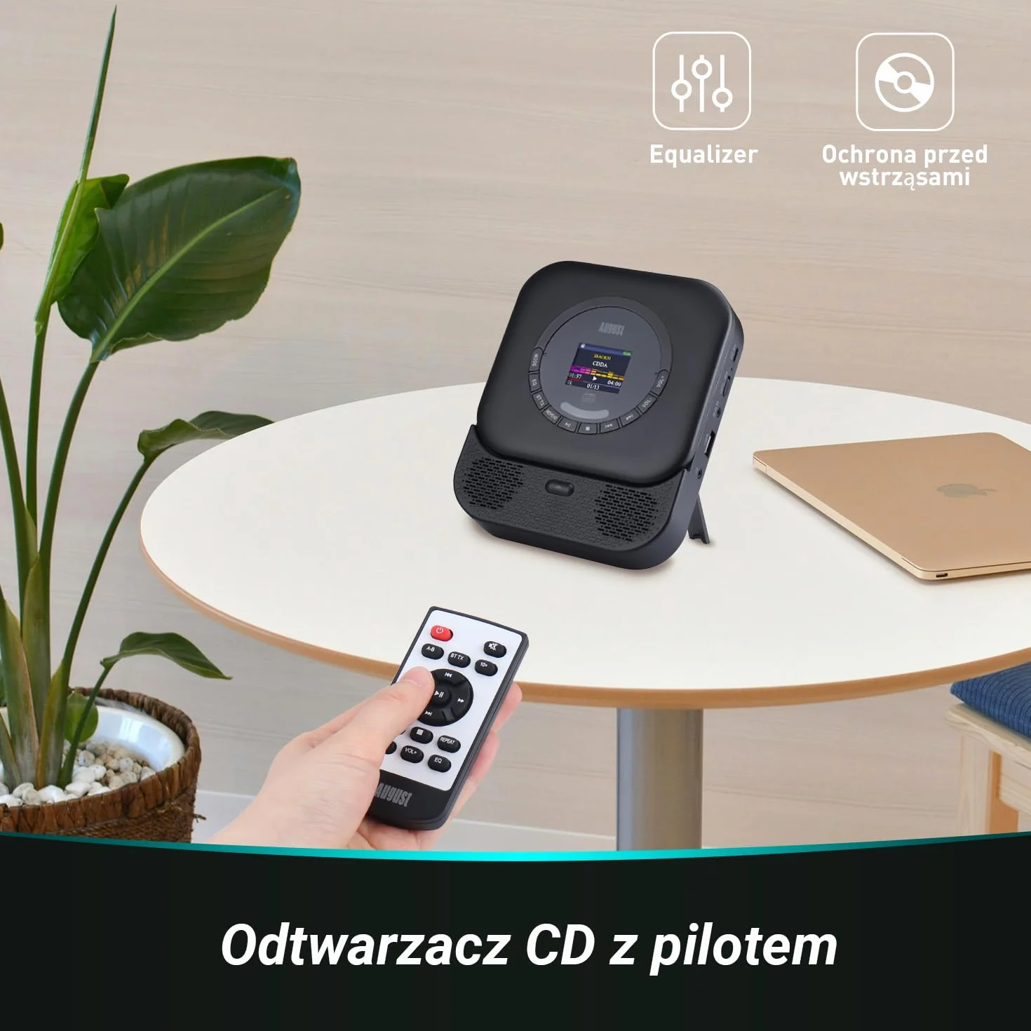 August SE15 Przenośny odtwarzacz CD z Bluetooth 5.3,portem USB,AUX 3.5 mm-odtwarzacz CD wbudowaną baterią,korektorem dźwięku,ochroną przed wstrząsam-w zestawie uchwyt ścienny,słuchawki i pilot