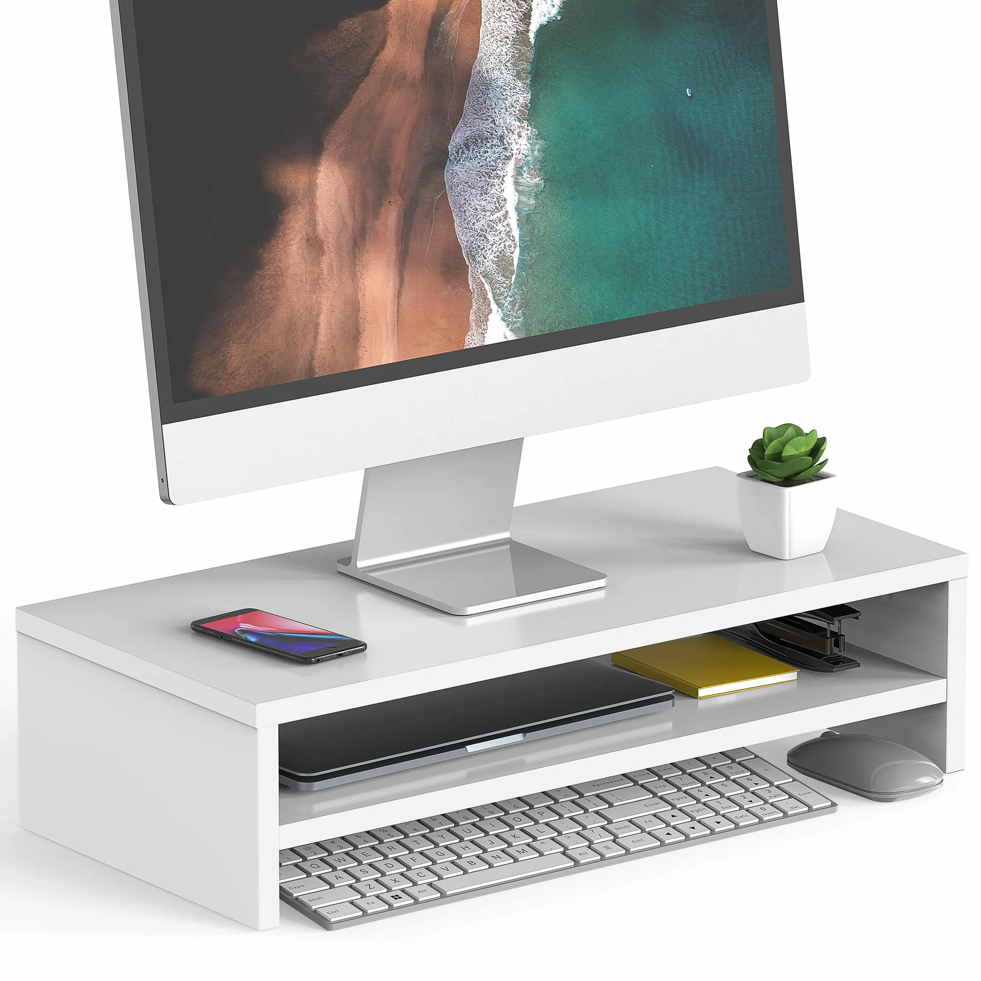 FITUEYES Stojak na monitor 2-poziomowy 54 cm drewniany biały