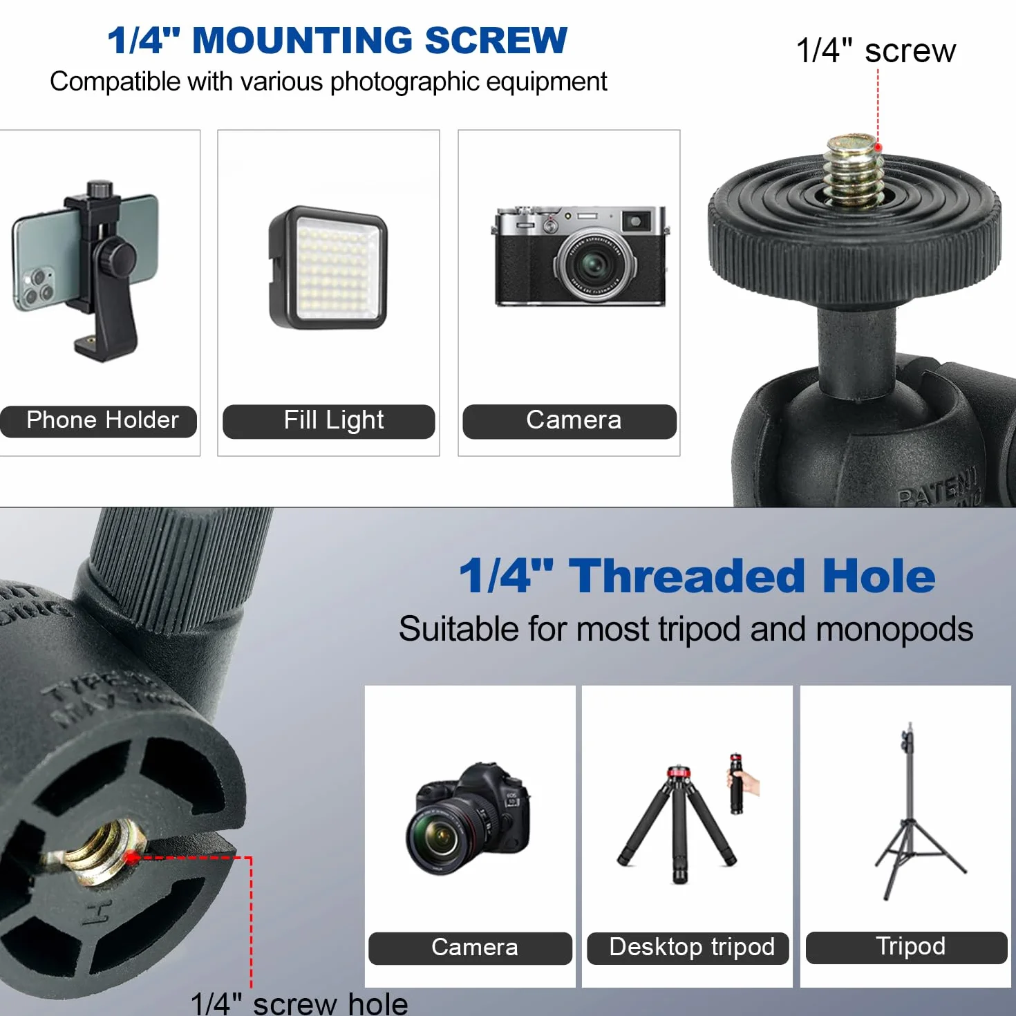 Koolehaoda Adapter do statywu do telefonu komórkowego z uniwersalną obrotową mini głowicą kulową 1/4", obrotowy o 360°, regulowany uchwyt zaciskowy do telefonu komórkowego i smartfona