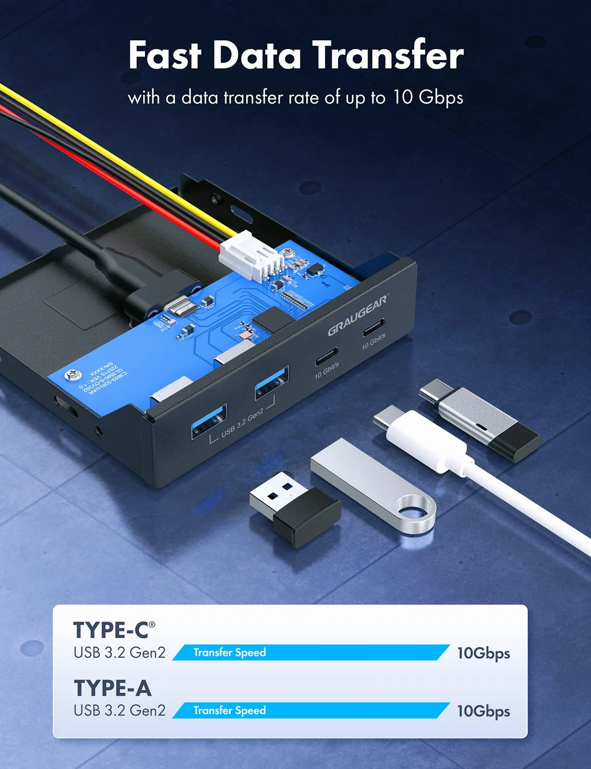 GRAUGEAR | 4 porty 10 Gbit/s panel przedni | 2 x USB-C+2X USB-A USB3.2 Gen2 HUB | osłona przednia do kieszeni 3,5 cala | USB3.2 Gen2 Key A 20-pinowy nagłówek | metal | G-MP02