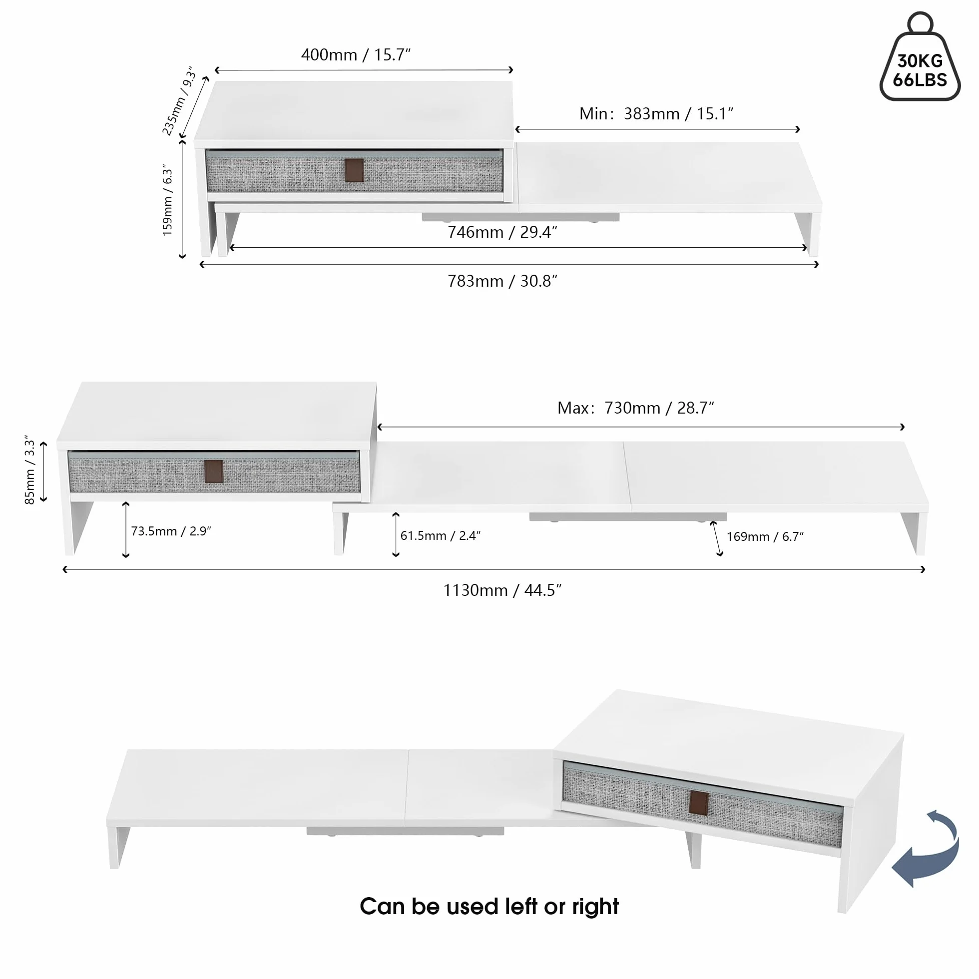 Fenge Podstawka pod dwa monitory z szufladą dla komputera PC, laptopa, drukarki, podnośnik do monitora, regulowana długość i kąt, 78,3-113x23,5x7,3 cm, biały