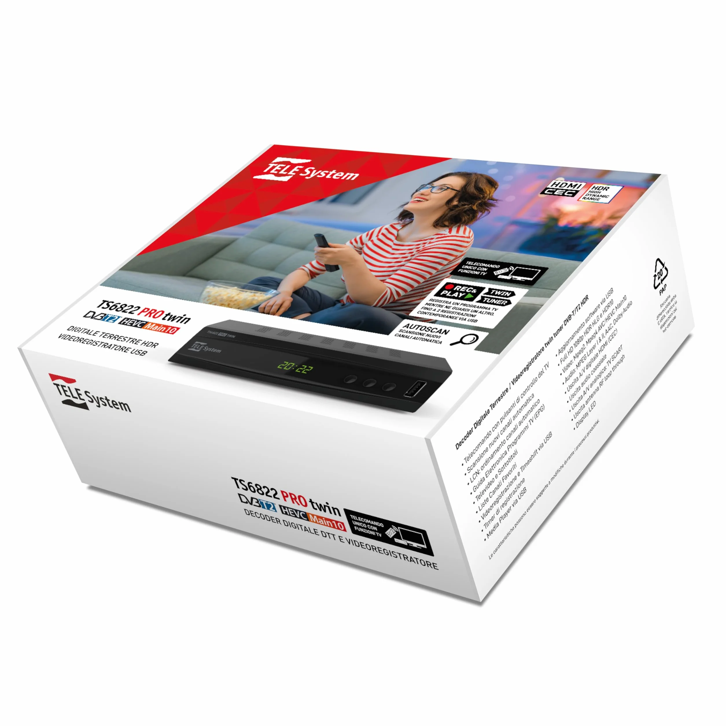TELE System TS6822 PRO DVB-T2 HEVC cyfrowy dekoder naziemny i rejestrator wideo z dwoma tunerami DVB-T2 HD HDR (HDR10/HLG) z wyświetlaczem i pilotem zdalnego sterowania 2 w 1 ze sterowaniem