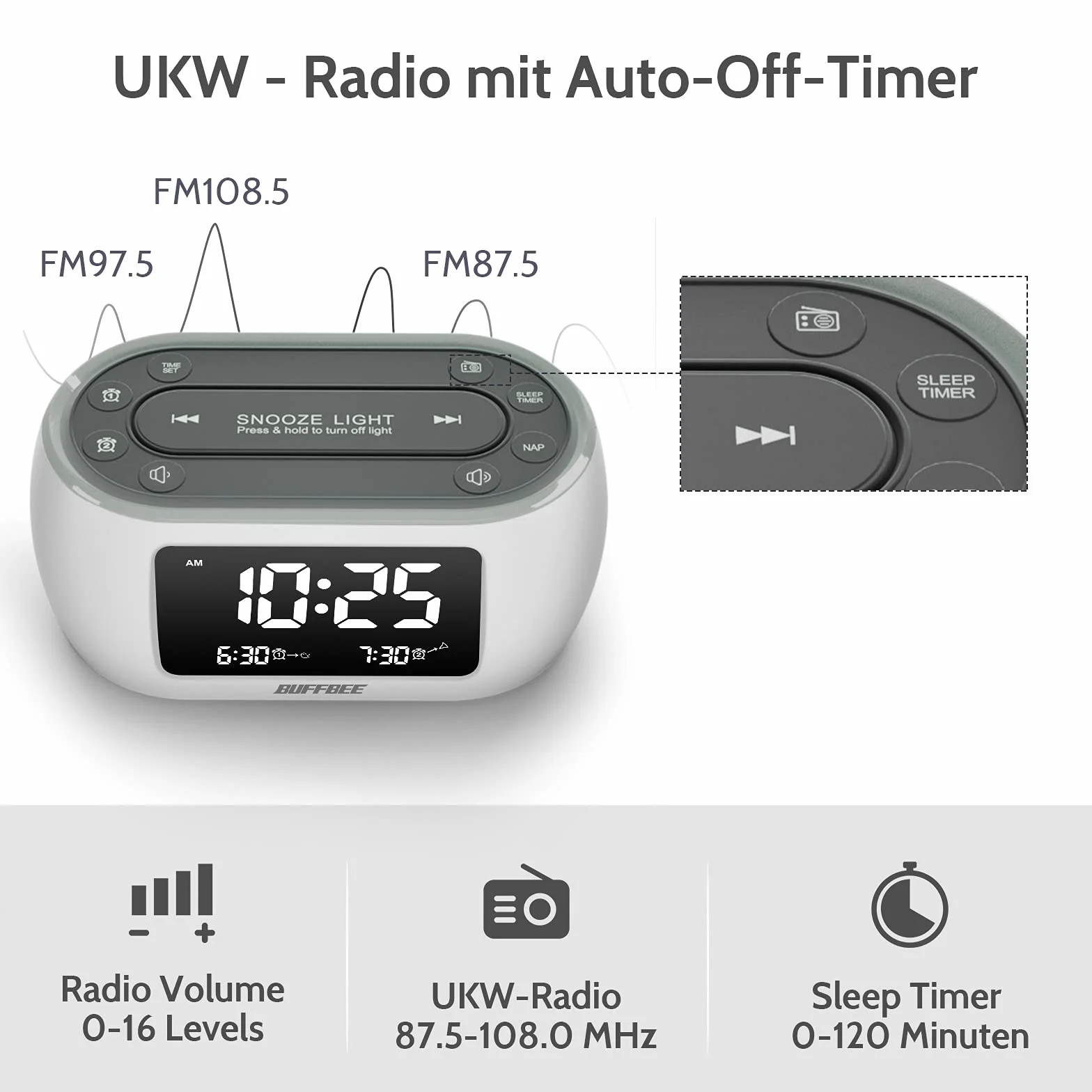 BUFFBEE Radiobudzik z 7-kolorowym światłem nocnym, podwójny alarm, funkcja drzemki, ściemniacz, ładowarka USB, nap-timer, cyfrowy budzik z radiem FM i automatycznym wyłączaniem, zasilanie sieciowe z