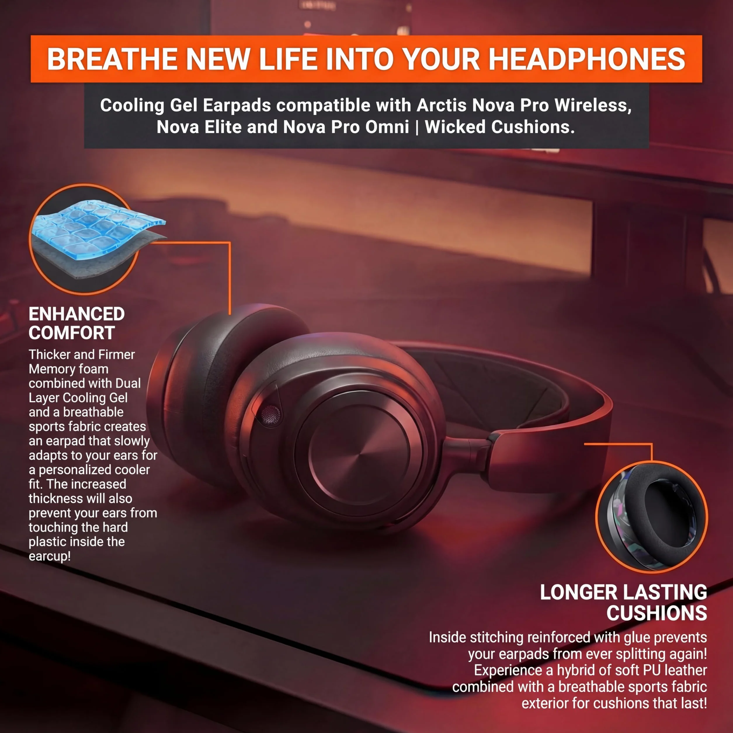 Wicked Cushions WC Freeze Nova Pro Wireless – chłodzące żelowe nauszniki do słuchawek Arctis Nova Pro Wireless, Nova Elite i Nova Pro Omni | Black
