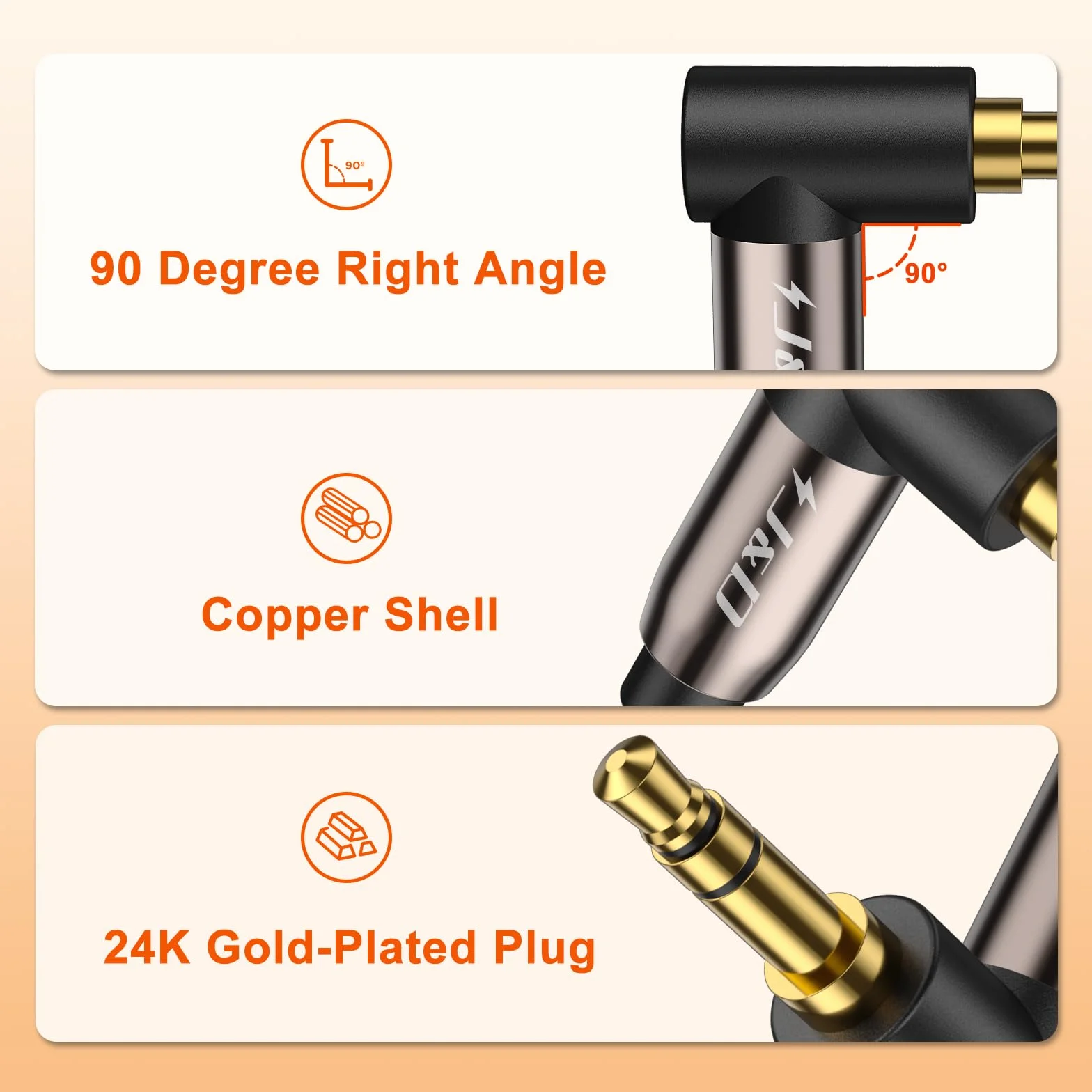 J&D 2-pakiety złoconych kabli audio stereo 3,5 mm Aux 90° prosty kąt Kompatybilne z iPhone, głośnikami i innymi urządzeniami, 0,9 m