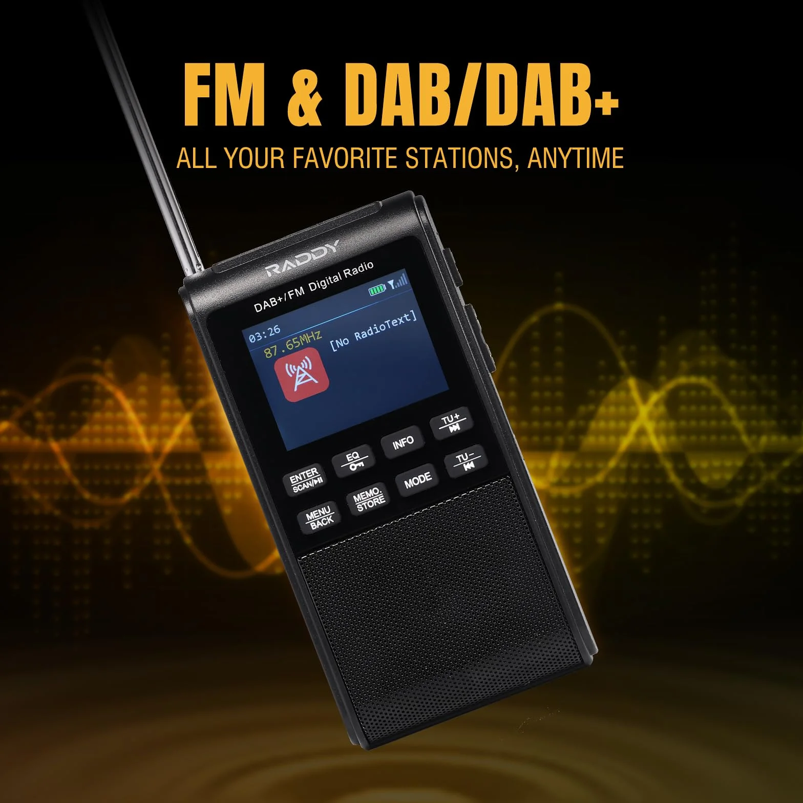 Raddy RD939 przenośne Radio DAB/DAB+ FM, BT 5.3, głośnikiem 5 W, 2-calowym dużym ekranem, 1200 mAh Baterią, Odtwarzaniem TF/USB, automatycznym skanowaniem, gniazdem słuchawkowym