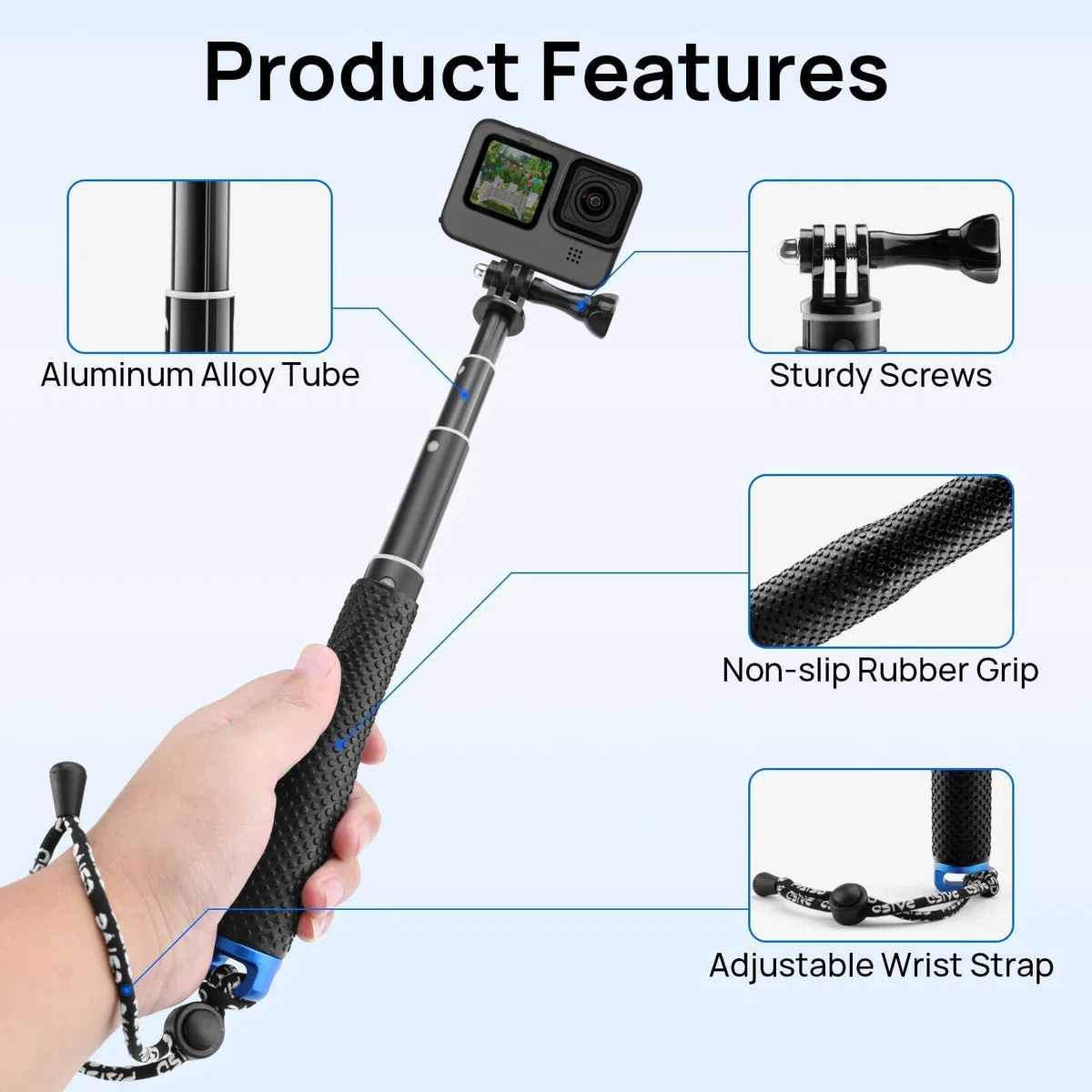 GlasFlength Kijek do selfie dla GoPro Hero 12 11 10 9 8 czarny, teleskopowy kijek do selfie dla Insta360/X3/One DJI Mini 3 Pro i innych kamer sportowych (stop aluminium)