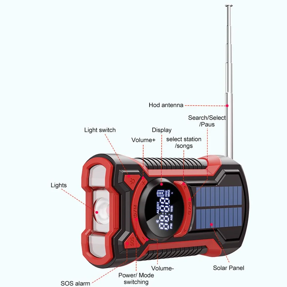 Wind Up Solar Radio awaryjne, korba ręczna AM/FM/NOAA Radio pogodowe przenośne z 5000 mAh Power Bank BT 5.3 ładowarka do telefonu latarka LED SOS Alarm do namiotów turystycznych