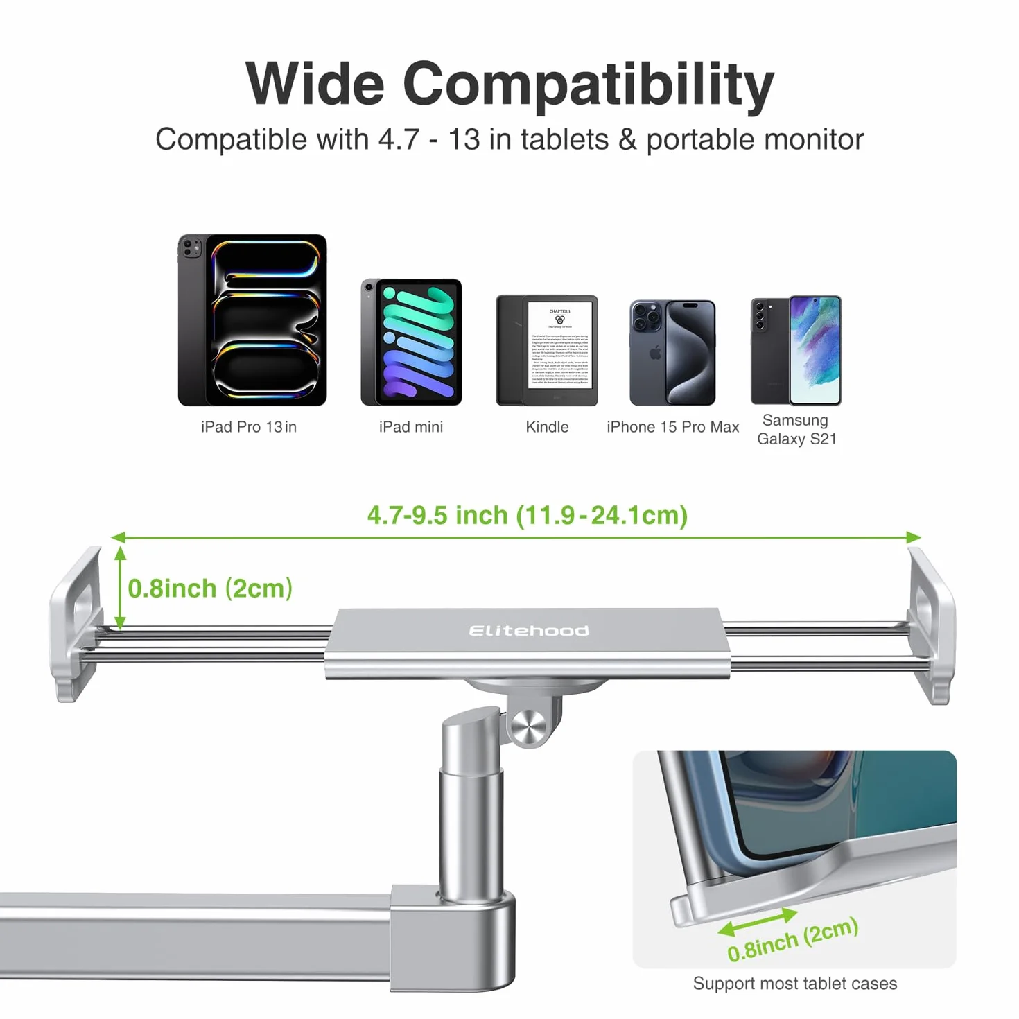 elitehood 71.1 cm długie ramię, uchwyt na biurko, wytrzymały aluminiowy uchwyt na ramię tabletu na biurko, sofę, kompatybilny z iPadem Pro 13/12,9 Air Mini, iPhone'em, przenośnym monitorem i tabletami