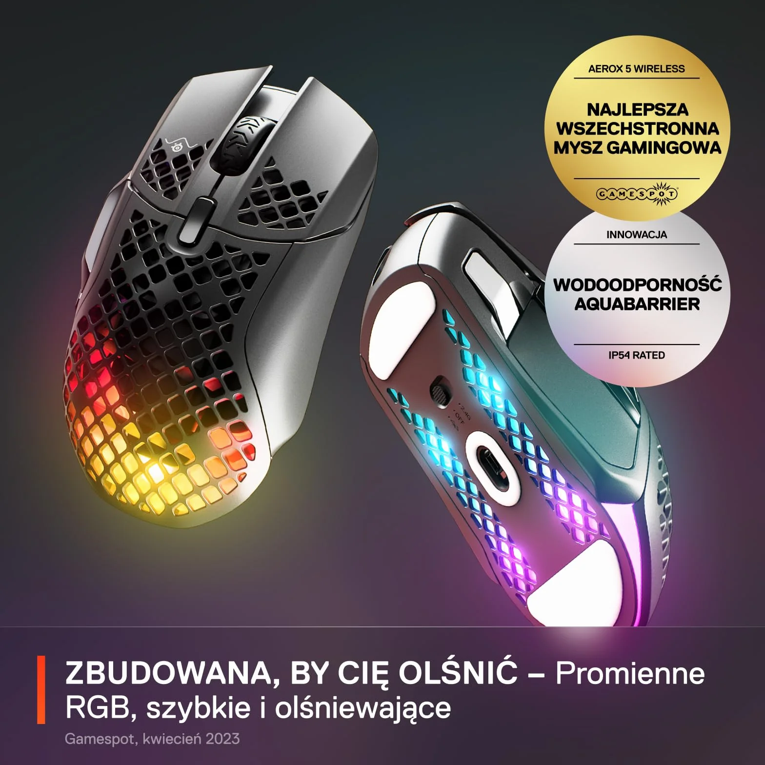SteelSeries Aerox 5 Wireless Mysz do gier RGB Ultralekka Wodoodporna 9 przycisków Bluetooth 2,4 GHz Sensor TrueMove Air 18K DPI