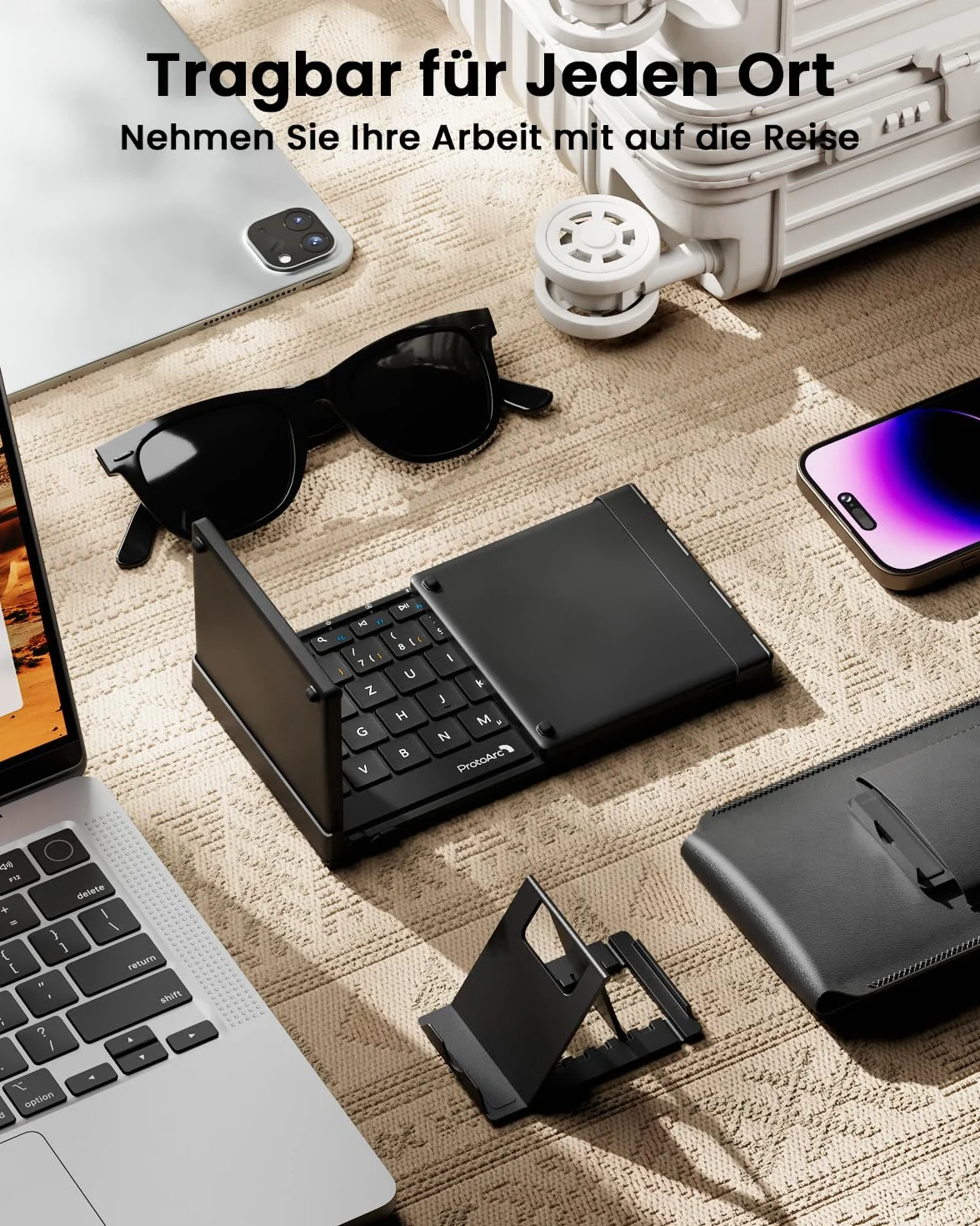 ProtoArc XK01 TP klawiatura Bluetooth składana z touchpadem, bezprzewodowa klawiatura składana QWERTZ niemiecka z dużym touchpadem dla iPad, iOS, Android, Windows Laptop PC Tablet - Czarny
