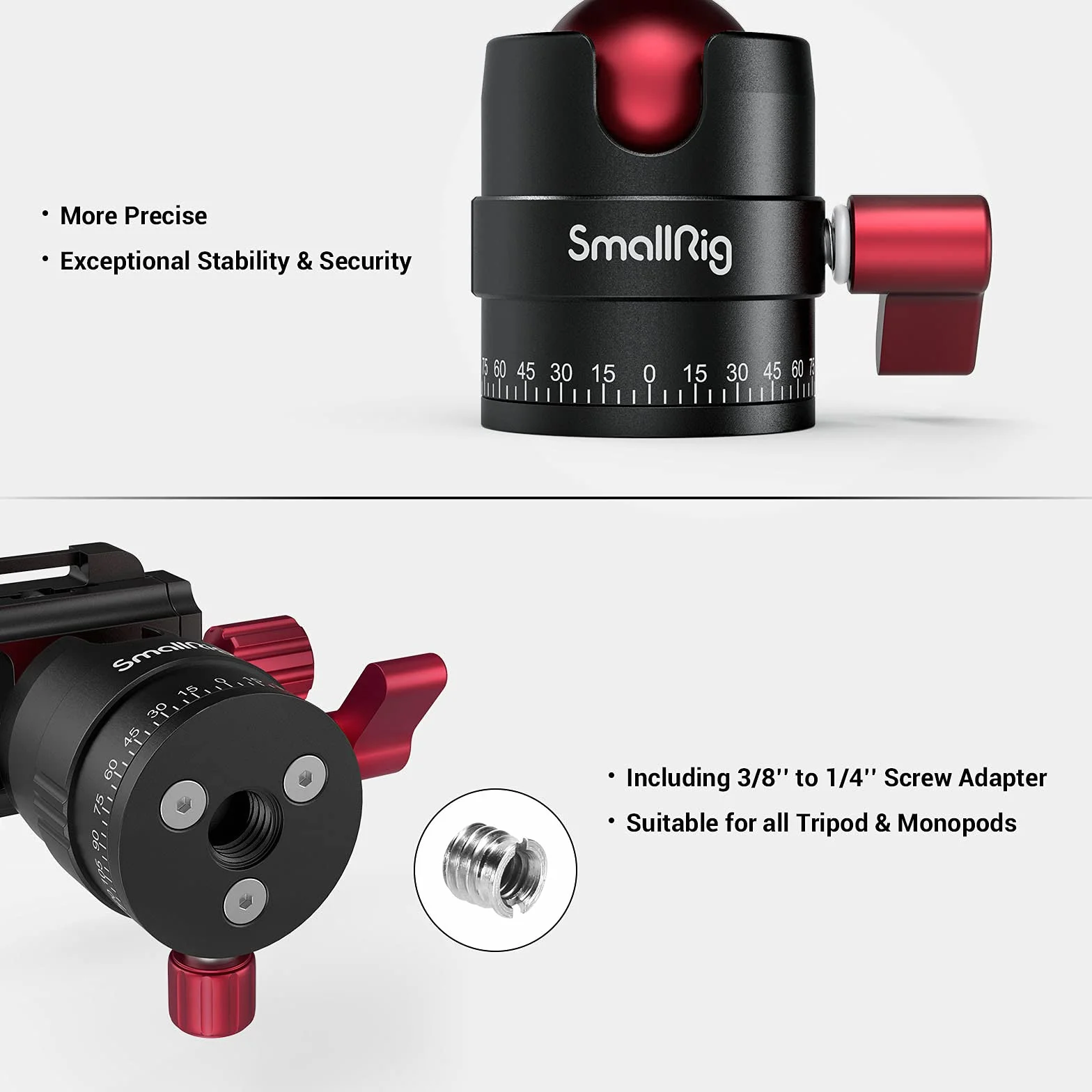 SMALLRIG Głowica kulowa 360° z mocowaniem śrubowym 1/4 cala, aluminiowa mini głowica statywu, udźwig 8 kg, do Canon/do Sony/do Nikon/do Panasonic/DSLR//smartfonów - 3034
