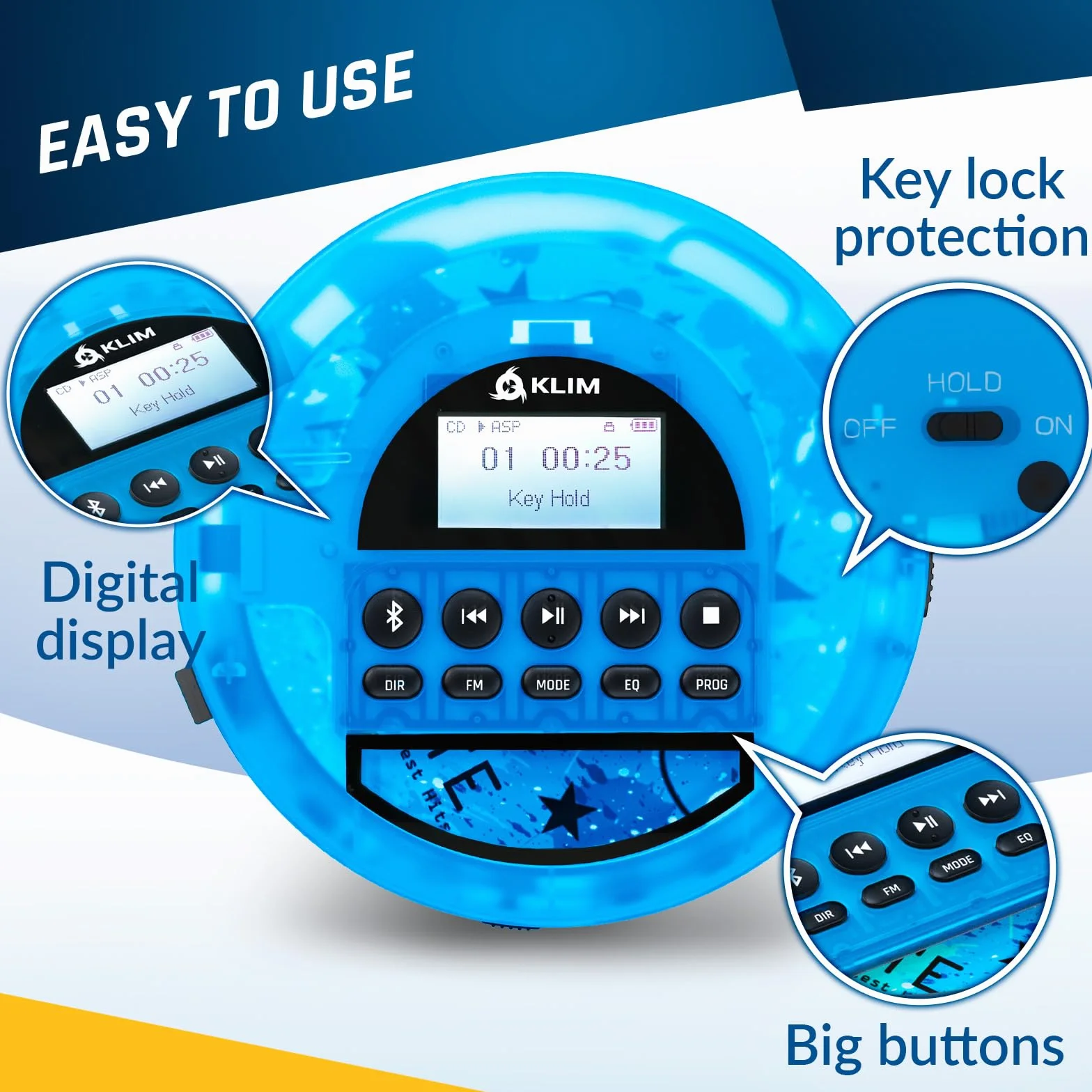 KLIM Nomad Transparent Blue - Przenośny odtwarzacz CD z długotrwałą baterią - w zestawie słuchawki - odtwarzacz MP3 Discman - karta TF, radio FM, Bluetooth, AUX - idealny do domu, samochodów - Wersja