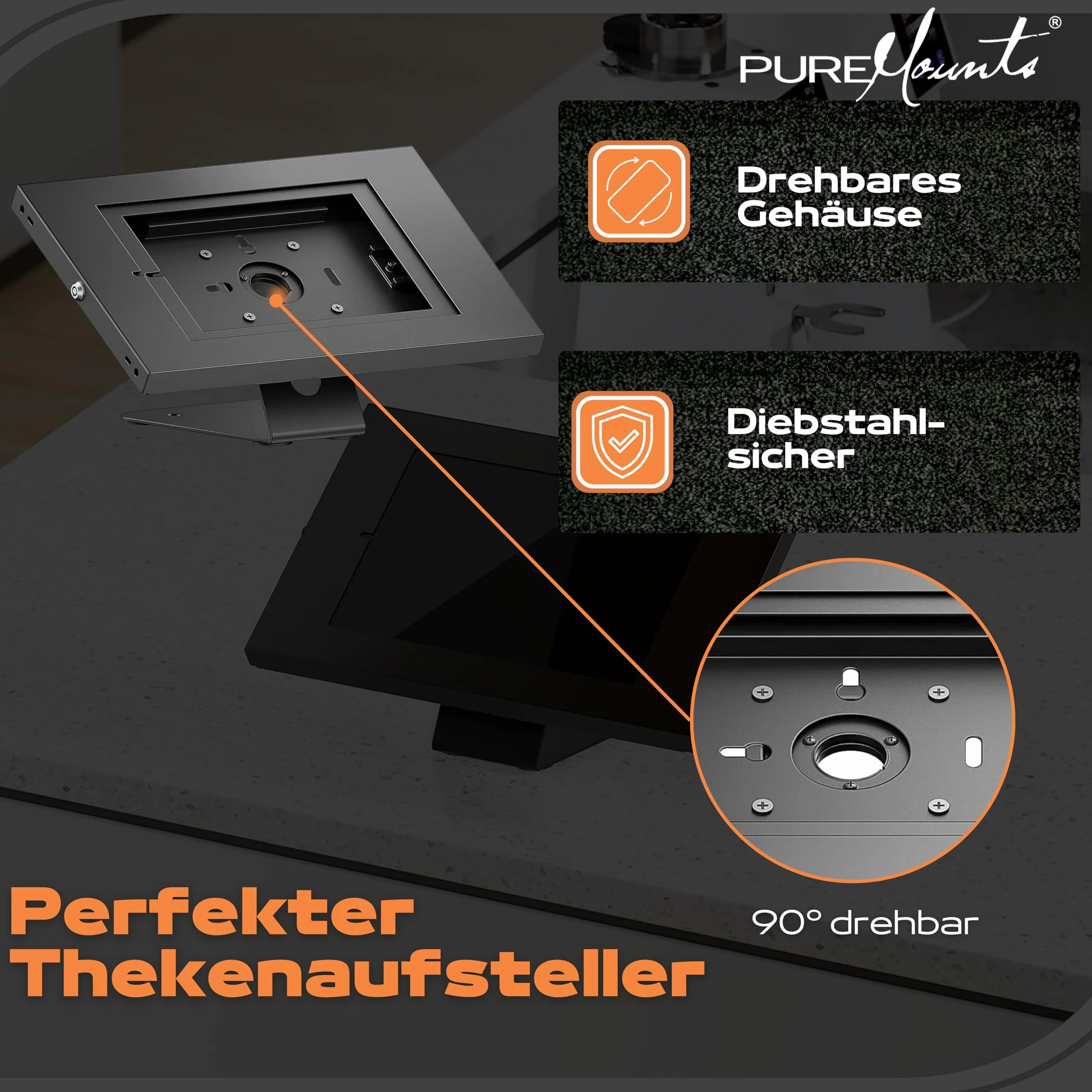 PureMounts Uchwyt na tablet ze stali nierdzewnej z blokadą iPad 5/6/7/8/9 Air 9,7" 10,5" 10,9" 11" Samsung Tab A 10,1 A7 S6 Lite