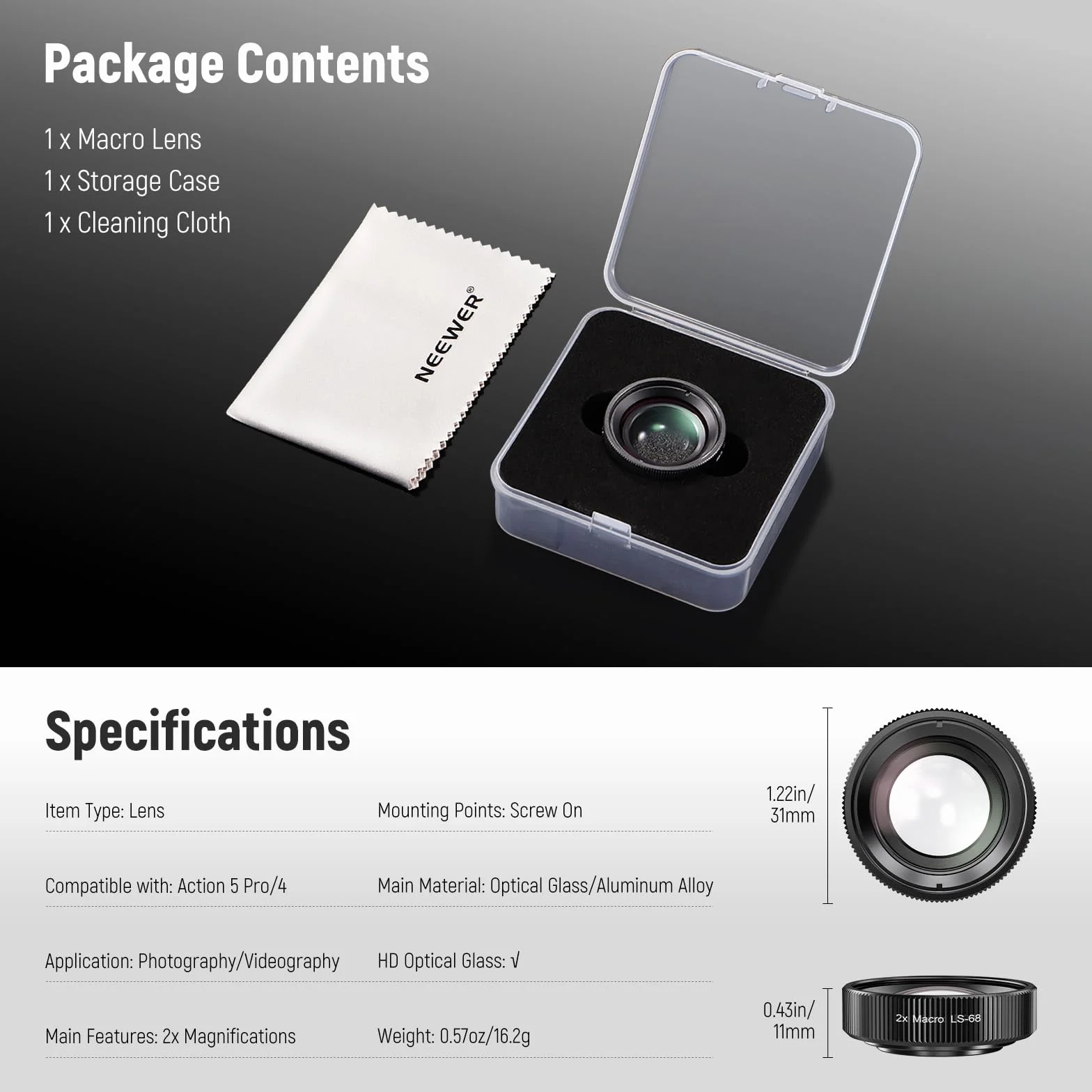 NEEWER Obiektyw makro kompatybilny z kamerą DJI Osmo Action 5 Pro/4, powiększenie 2x, 2 elementy w 1 grupie, odległość ogniskowa 3-4 cm, akcesorium do fotografii z bliska, niewodoodporny, LS-68