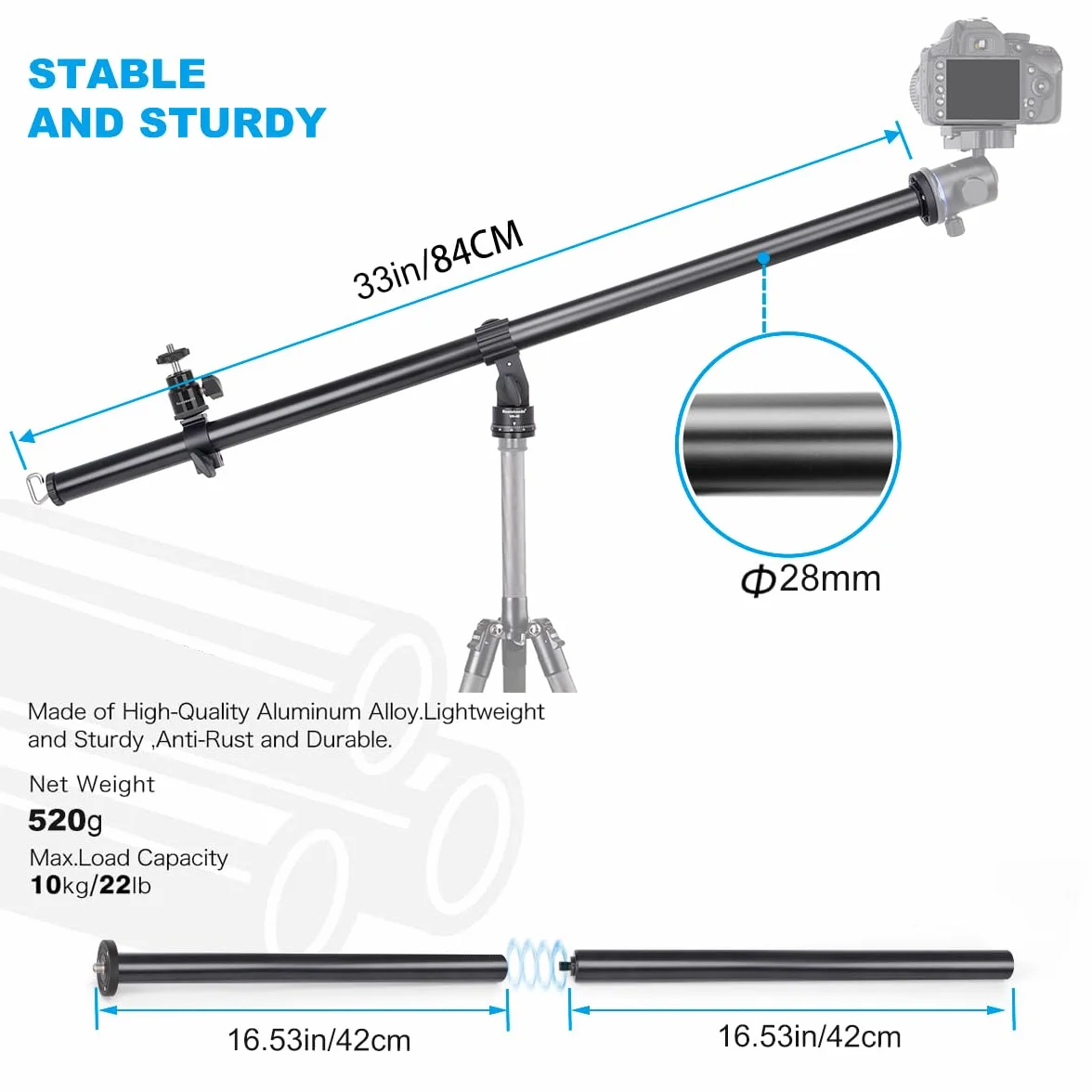 Koolehaoda 84cm ramię przedłużające statywu aluminiowe 2 sekcje obrót 360° obciążenie 10 kg