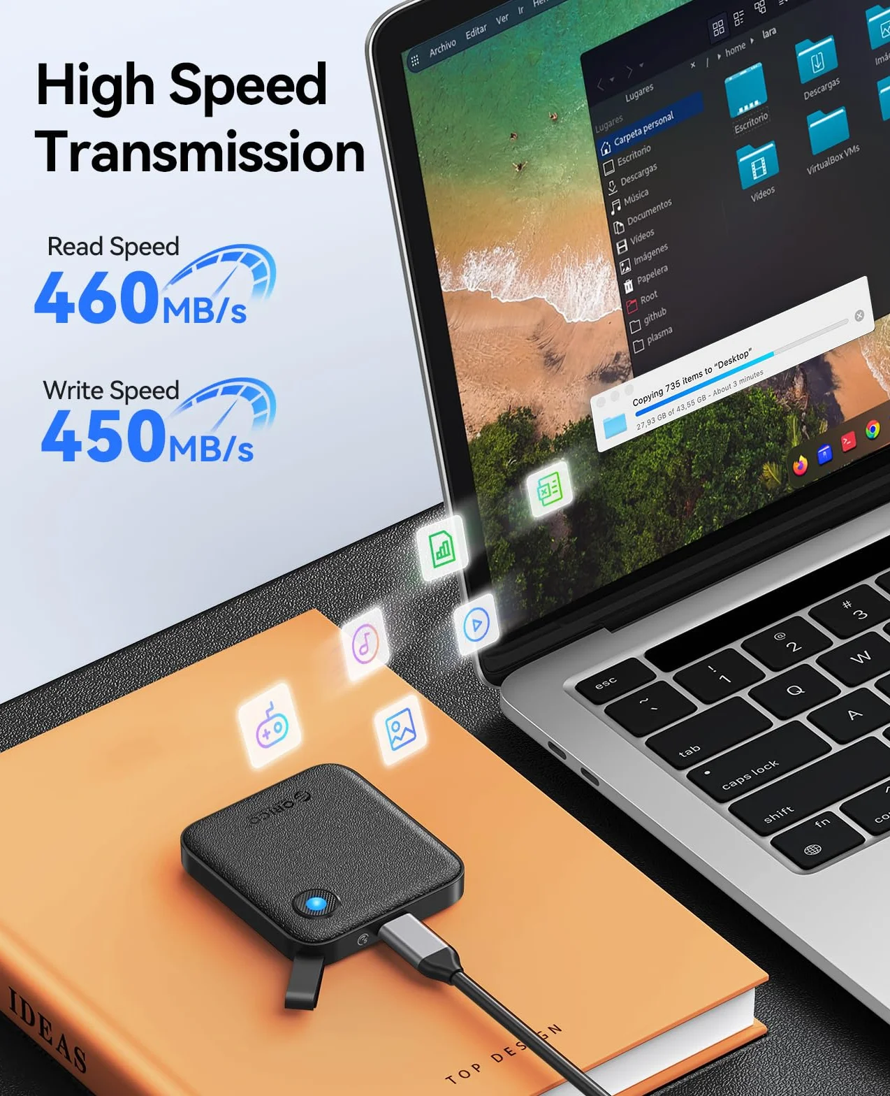 ORICO Extreme Portable SSD 256 GB z kablem USB C 2 w 1, zewnętrzne dyski Solid State Drives do 460 MB/s, wskaźnik stanu, niezawodna pamięć do smartfonów z USB-C smartfonów, tabletów, PC – B5PLUS