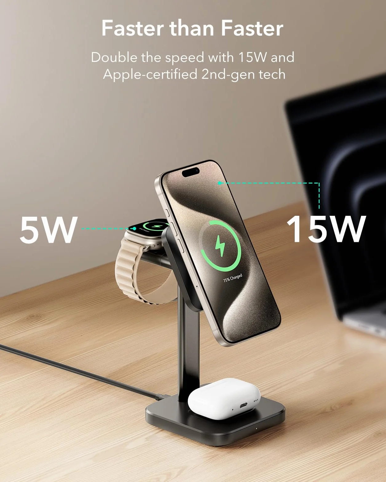 ESR Qi2 Stacja Ładująca 3 w 1 MagSafe do iPhone 17/16/15/14/13/12, Apple Watch i AirPods 4, Czarna