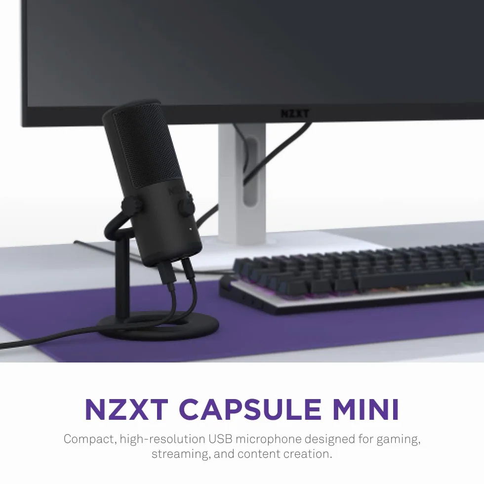 NZXT Capsule Mini USB Mikrofon - AP-WMMIC-B1- Wysoka rozdzielczość - Kardioidalna charakterystyka kierunkowa - do streamingu, tworzenia treści i podcastów - filtr pop - Regulowana podstawka - Czarny