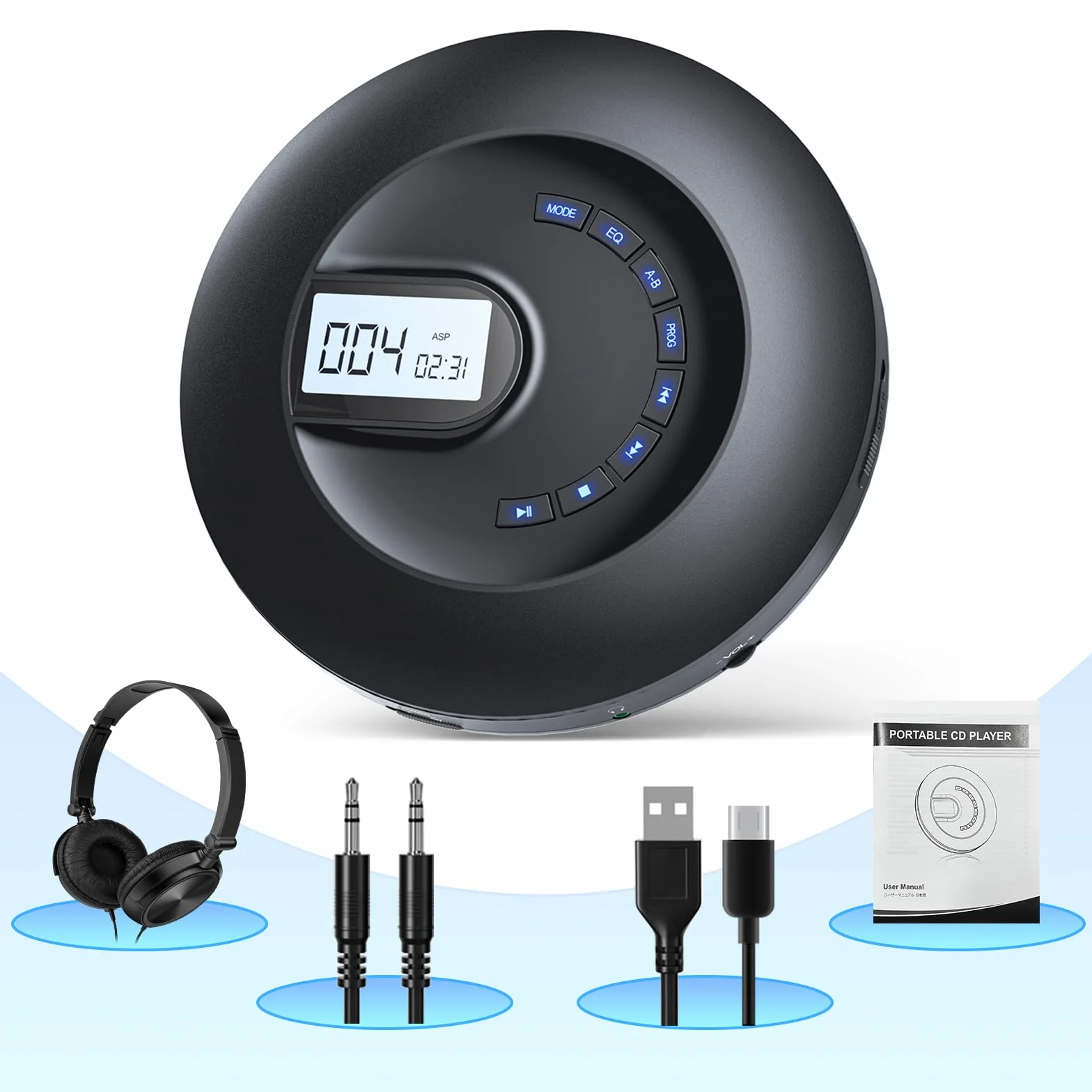 Portable Rechargeable CD Player with Anti-Skip, LCD Display, AUX, Headphones for Car Travel