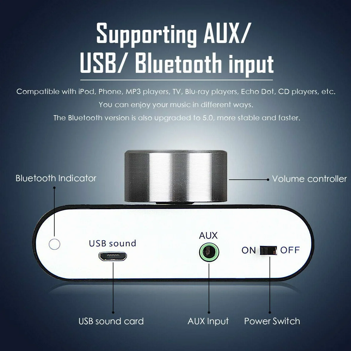 Nobsound Mini wzmacniacz mocy Bluetooth; Hi-FI Digital Amp 2.0 Channel 50W × 2 z wejściem AUX/USB/Bluetooth; bezprzewodowy odbiornik audio; Karta dźwiękowa z kartą zasilającą (czarny)