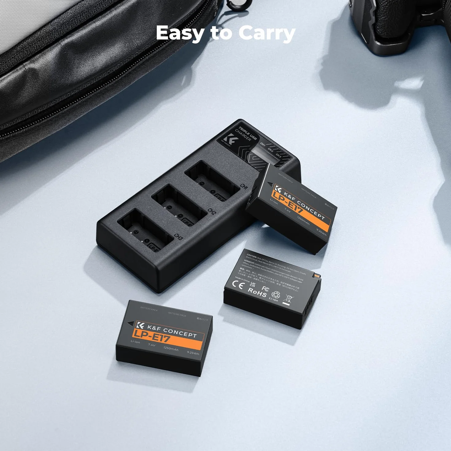Zestaw 3 akumulatorów K&F CONCEPT LP-E17 o pojemności 1250 mAh i ulepszona ładowarka LCD z 3 gniazdami, kompatybilne z aparatami Canon EOS RP, EOS R10, EOS R8, EOS R50, Rebel T8i, T7i, T6i, SL2, SL3,