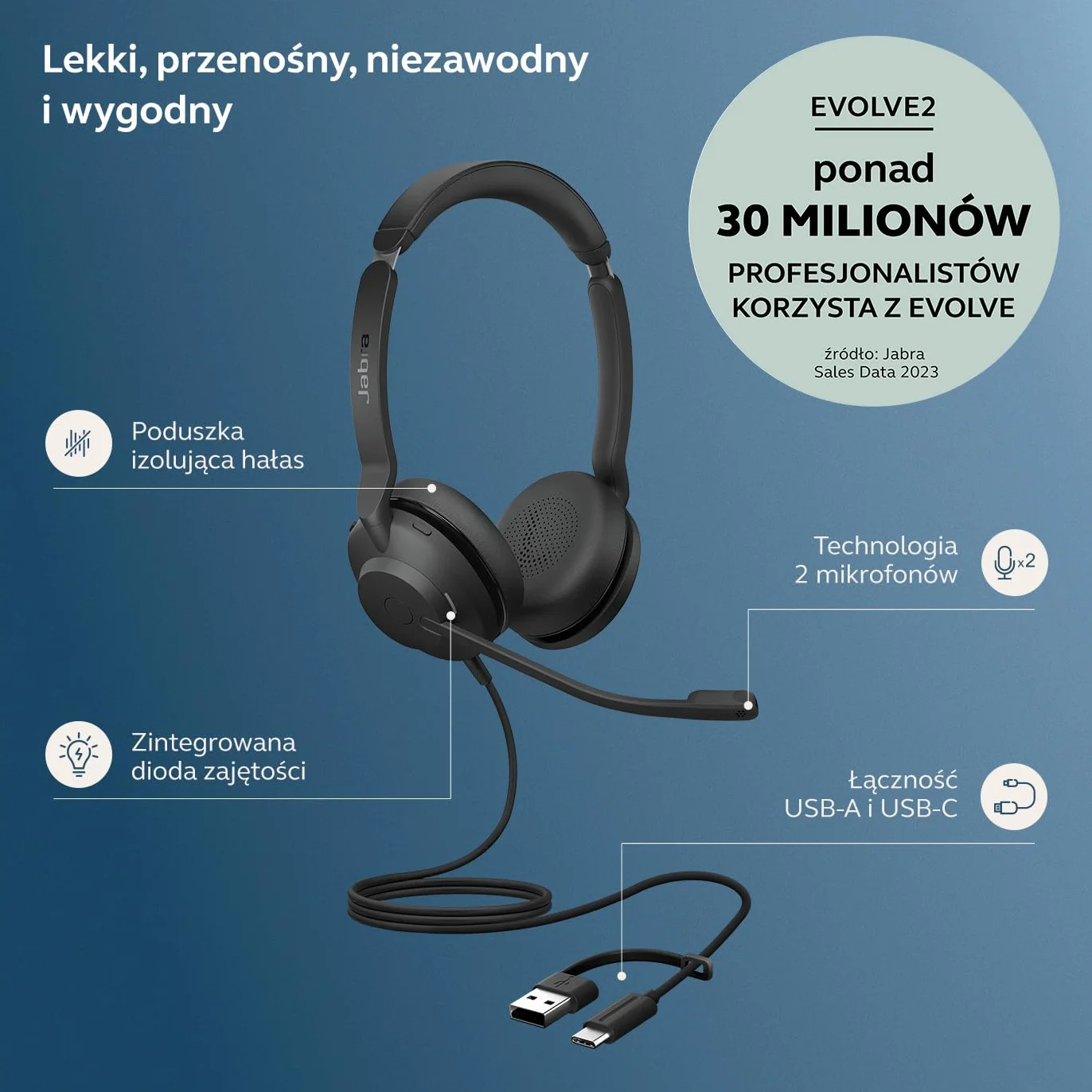Jabra Evolve2 30 SE przewodowy zestaw słuchawkowy USB-A/USB-C certyfikowany dla Microsoft Teams