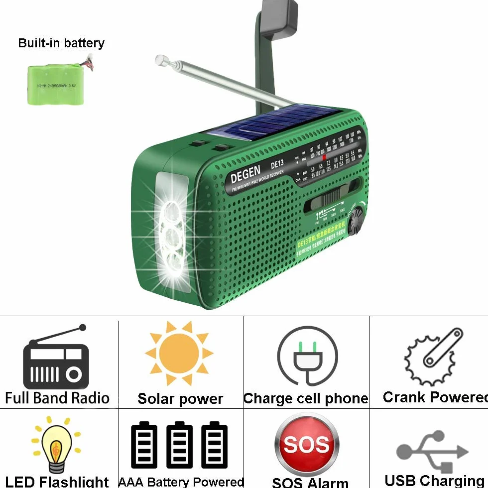 DEGEN DE13 Cranked Solar FM AM SW Odbiornik z Latarką Alarmem SOS Telefon Komórkowy Ładowanie Awaryjne Zielony