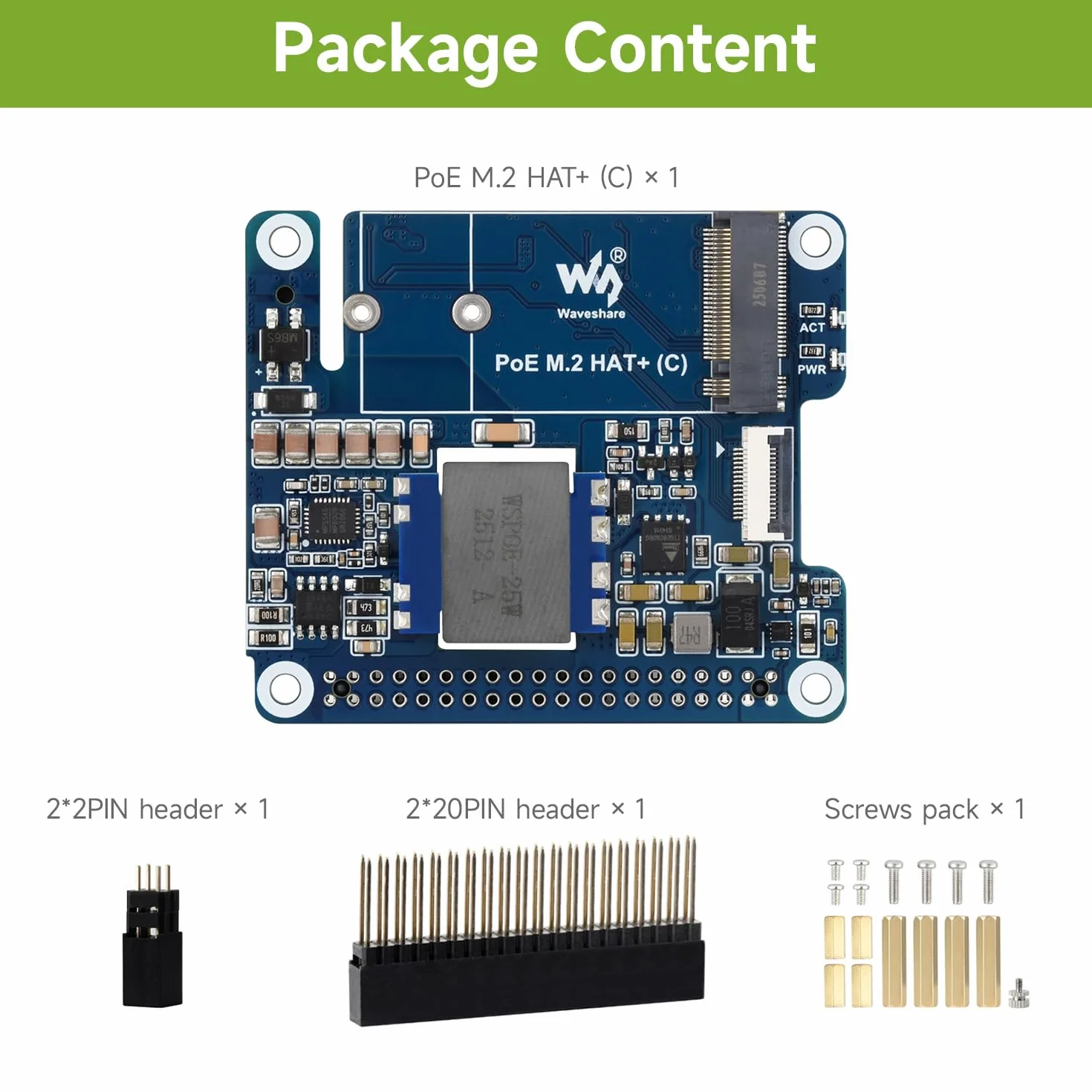 Waveshare PCIe to M.2 Adapter with PoE Function (C), Compatible with Raspberry Pi 5, Supports NVMe Protocol M.2 Solid State Drive, High-Speed Reading/Writing
