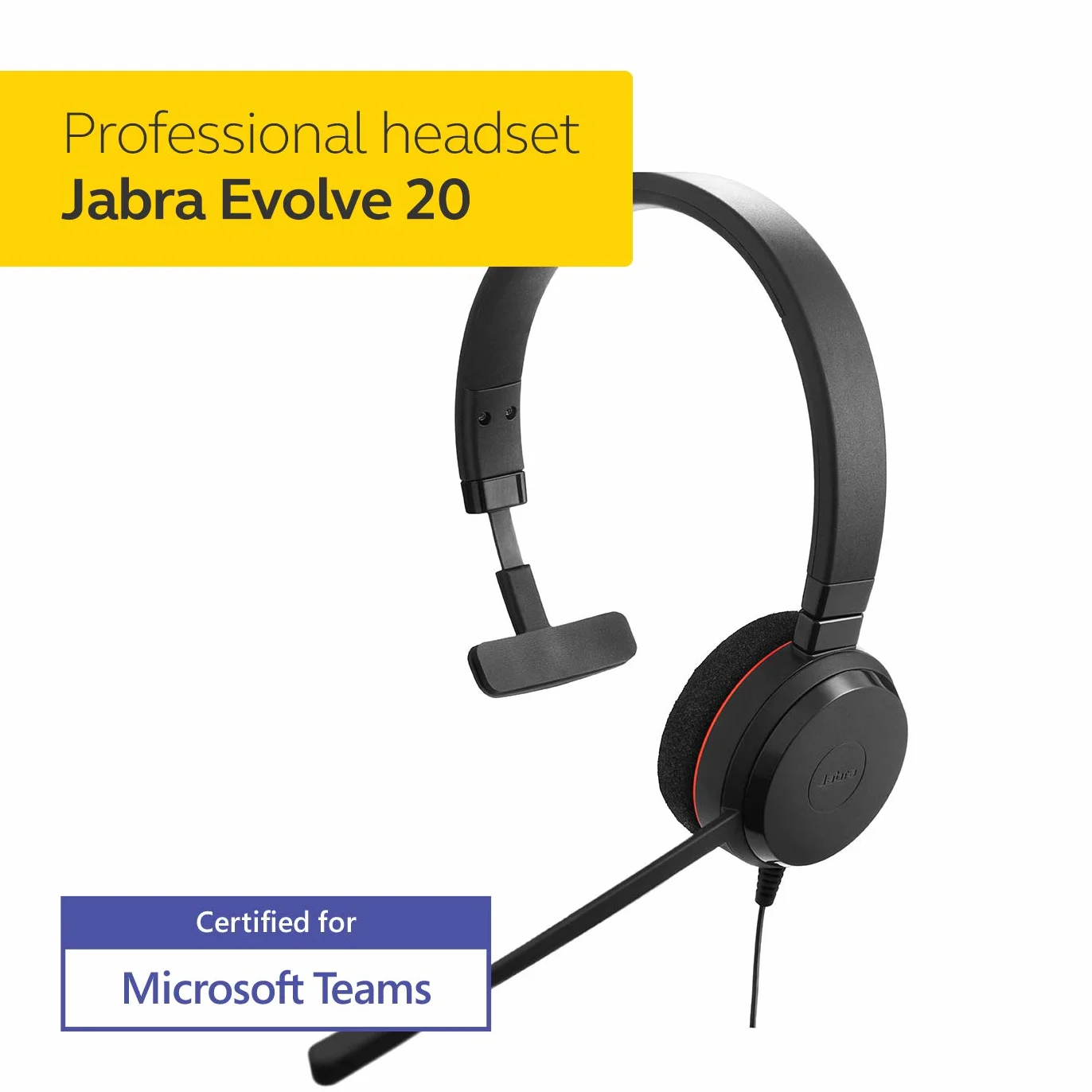 Jabra Evolve 20 Mono Headset Microsoft Certified VoIP Headphones Passive Noise Cancellation USB-Cable Controller Black