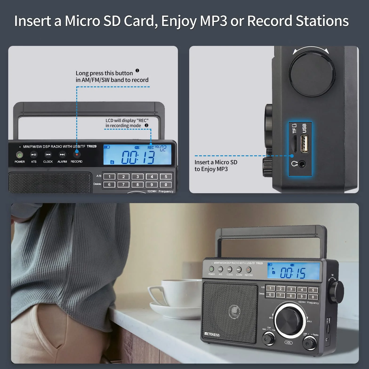 Retekess TR629 Radio Przenośne AM FM SW Odbiornik Radiowy DSP USB SD Zegar Budzik