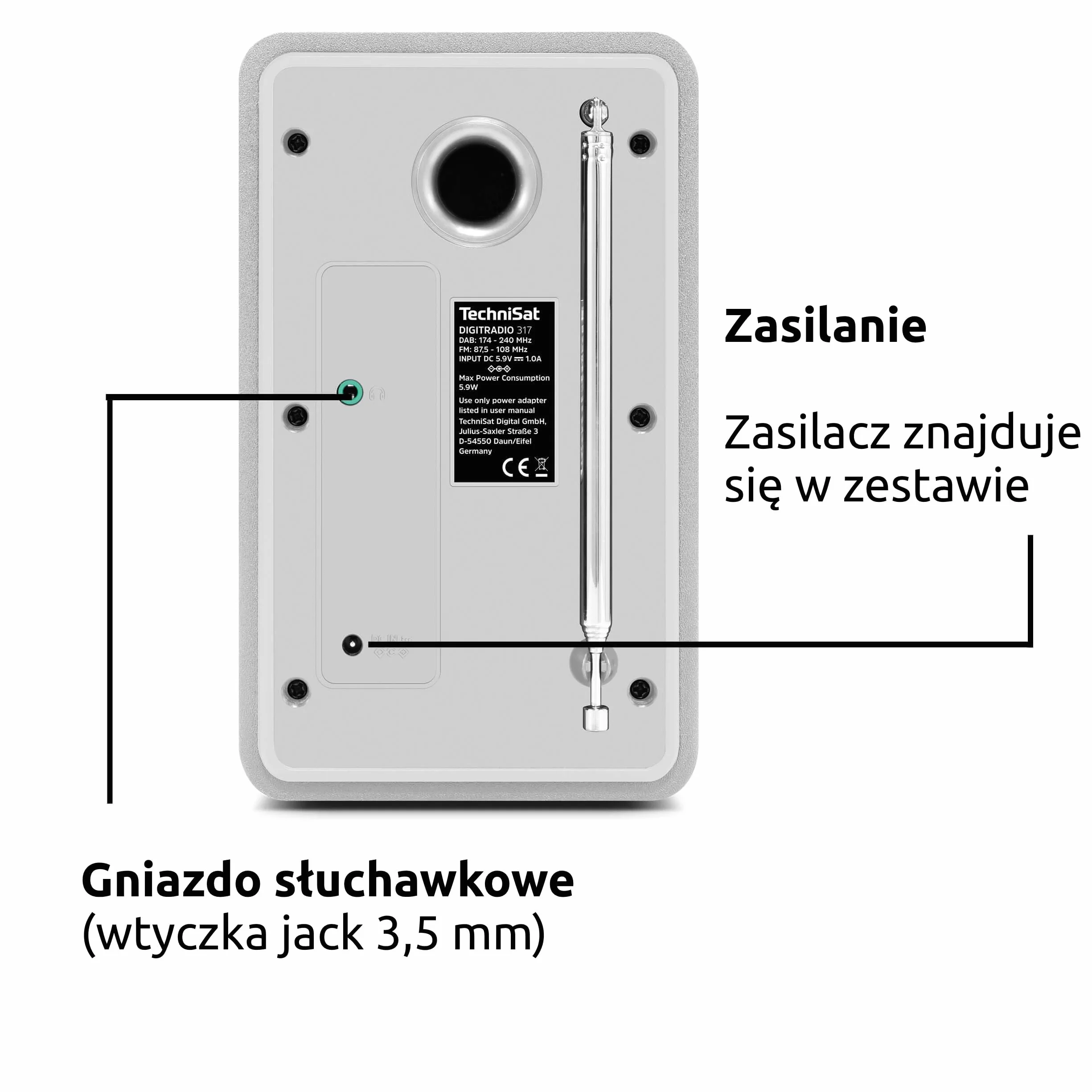 TechniSat DIGITRADIO 317 – pionowe radio DAB+ FM z funkcją strumieniowego przesyłania dźwięku przez Bluetooth, radiobudzik, wyłącznik czasowy, kolorowy wyświetlacz 2,4 cala, 3 W, białe