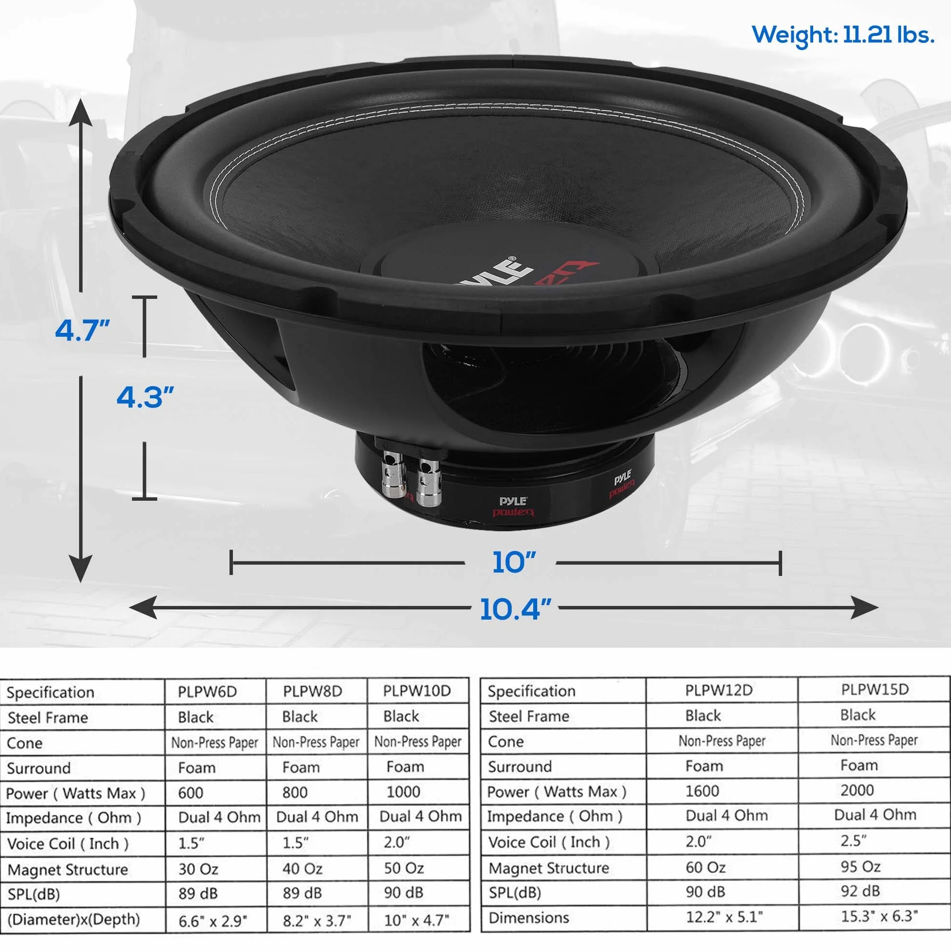 Pyle subwoofer samochodowy 10" – 1000 W wysokiej mocy subwoofer basowy stereo – membrana papierowa, 90 dB, 4 Ohm, magnes 50 oz, 2-calowa 4-warstwowa cewka