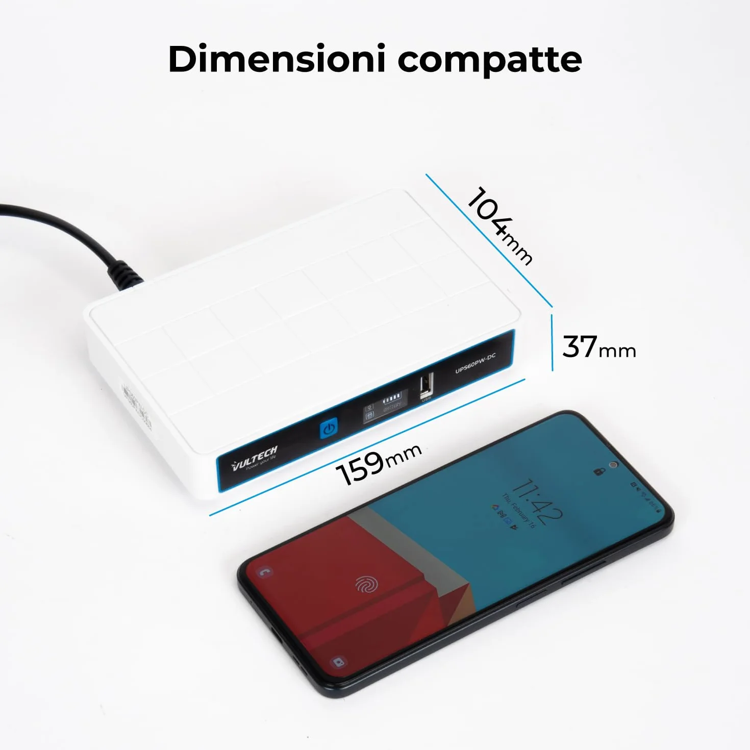 VulTech UPS60PW-DC Rev. 2.1 Biały Mini UPS 6000 mAh 60 W Przenośny zasilacz awaryjny do modemu routera bezprzewodowego Kamera Power Bank Smartphone Wejście 100-240 VAC USB 5 V DC 12 V