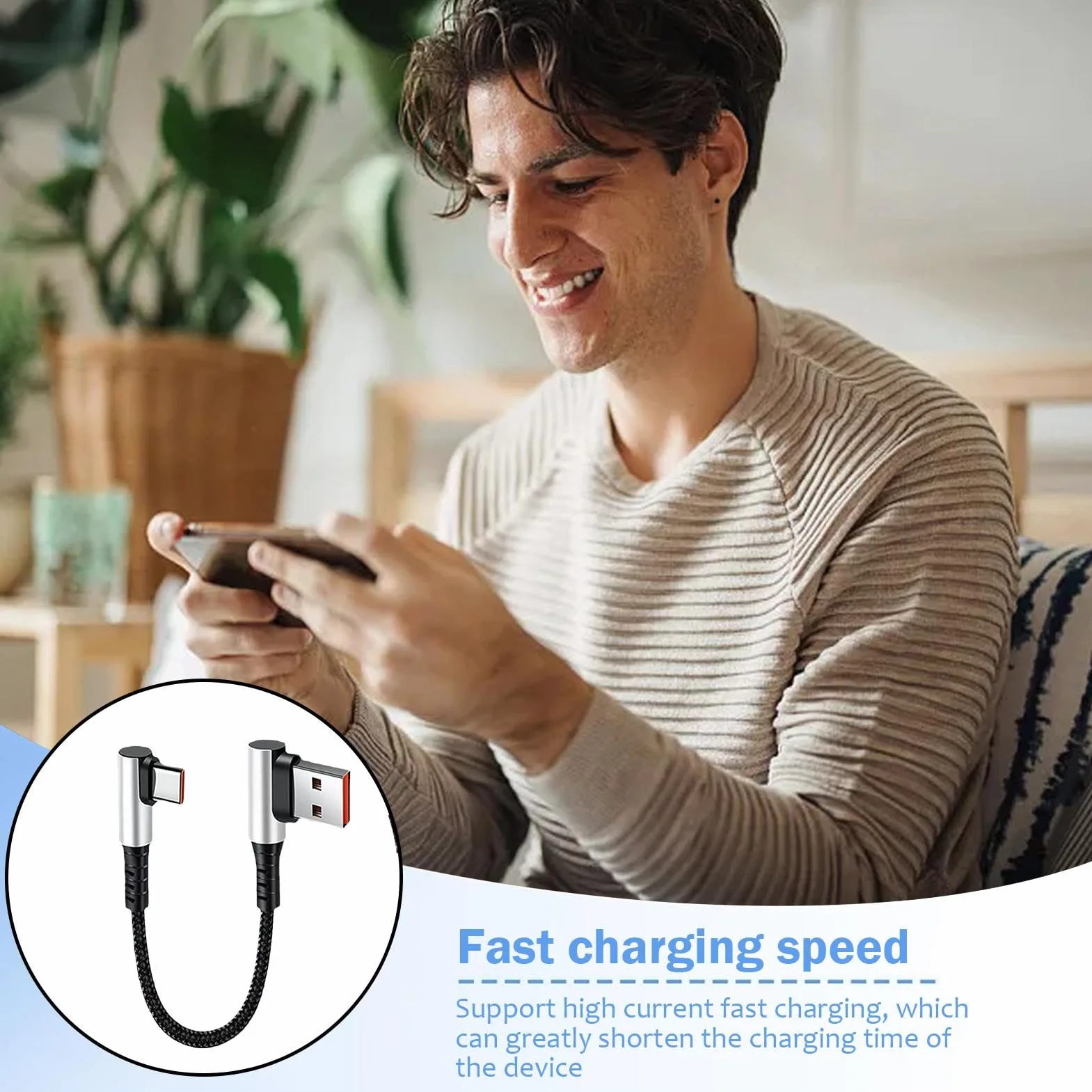 Przewód USB C, kabel ?aduj?cy typu C,Krótki kabel ?aduj?cy 90 stopni typu C Przewód adapterowy - Kabel do szybkiego ?adowania danych K?towy przewód C do samochodu i telefonu