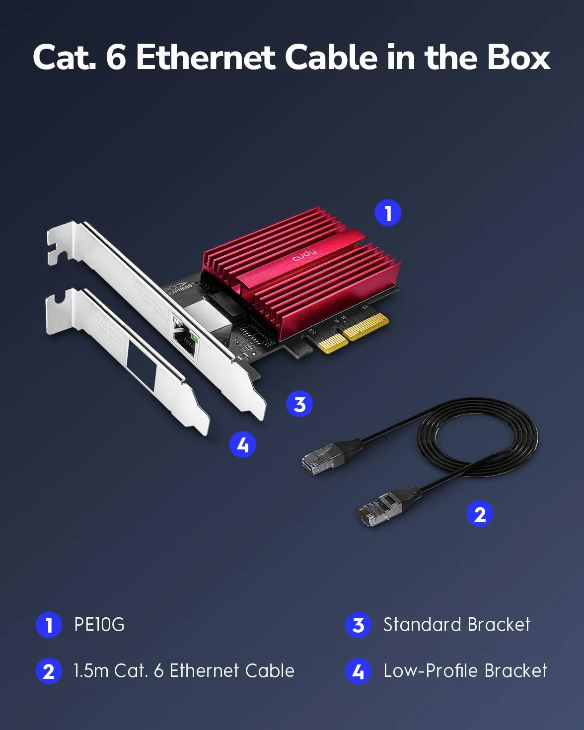 Cudy Karta sieciowa 10 GB PCIe, adapter 10G Base-T, Flow Control, 10 Gigabit Ethernet adapter do Windows 11/10, Windows Server 2022 i Linux, w zestawie kabel sieciowy