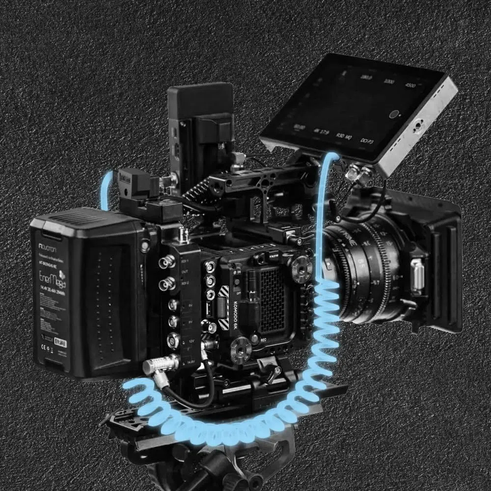 Alvin's Cables D-Tap do DC 12 V kabel zasilający 5,5 mm x 2,1 mm, spiralny kabel DC do Atomos Shogun, SmallHD Indie 7, Blackmagic Video Assist, kątowy