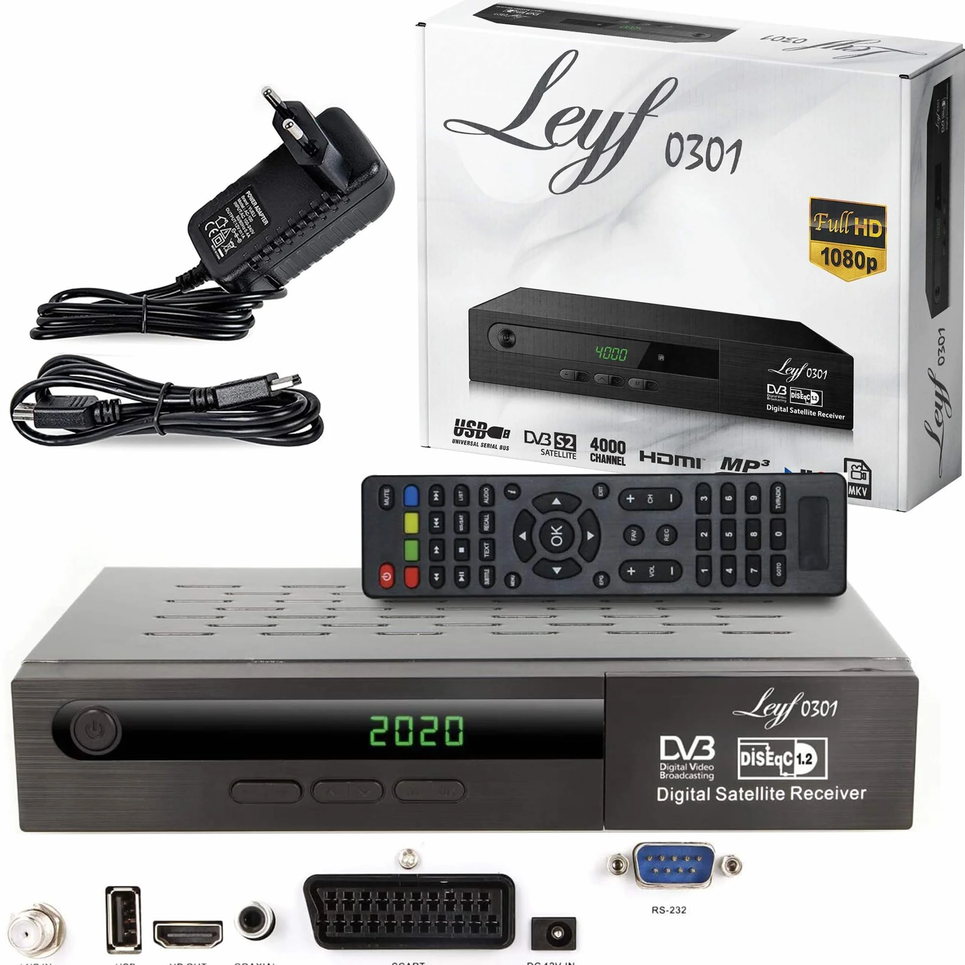 Odbiornik satelitarny Leyf PVR: funkcja nagrywania cyfrowego (HDTV, DVB-S/DVB-S2), HDMI, Scart, 2 porty USB, Full HD (1080p) [wstępnie zaprogramowany dla Astra, Hotbird i Tursat] + kabel HDMI