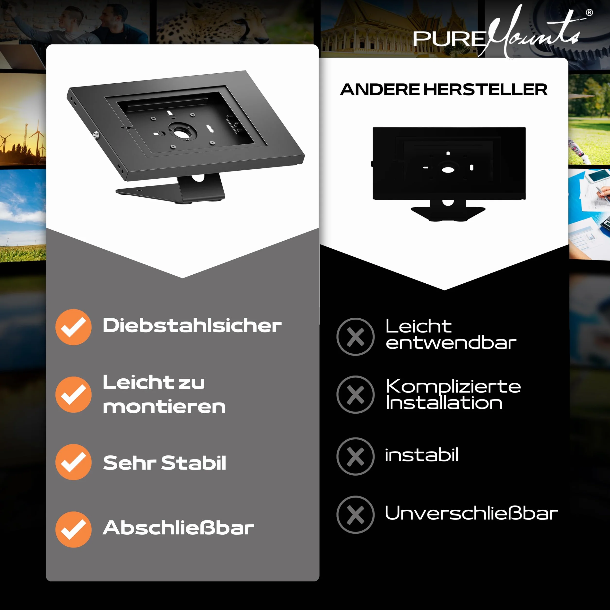 PureMounts Uchwyt na tablet ze stali nierdzewnej z blokadą iPad 5/6/7/8/9 Air 9,7" 10,5" 10,9" 11" Samsung Tab A 10,1 A7 S6 Lite